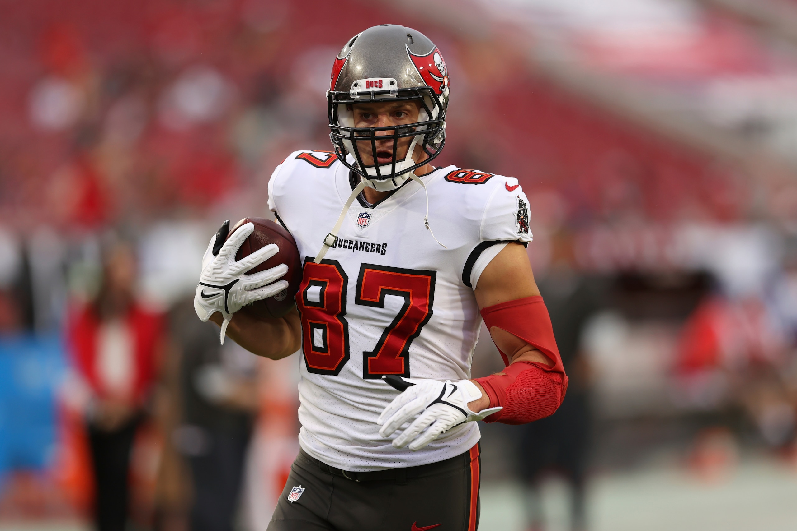 Tampa Bay Buccaneers tight end Rob Gronkowski before an NFL preseason football game against the Cincinnati Bengals Saturday, Aug. 14, 2021, in Tampa, Fla. (AP Photo/Mark LoMoglio)