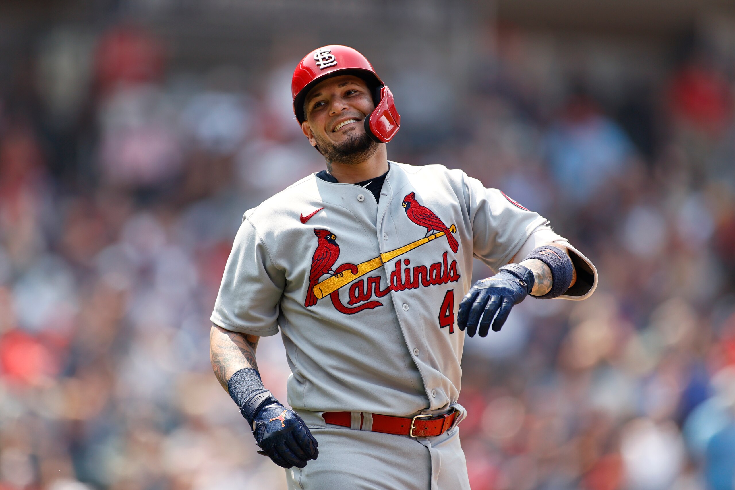 CLEVELAND, OH - JULY 28: Yadier Molina #4 of the St. Louis Cardinals reacts after making an out against the Cleveland Indians during the fifth inning at Progressive Field on July 28, 2021 in Cleveland, Ohio. (Photo by Ron Schwane/Getty Images) CLEVELAND, OH - JULY 28: Yadier Molina #4 of the St. Louis Cardinals reacts after making an out against the Cleveland Indians during the fifth inning at Progressive Field on July 28, 2021 in Cleveland, Ohio. (Photo by Ron Schwane/Getty Images)