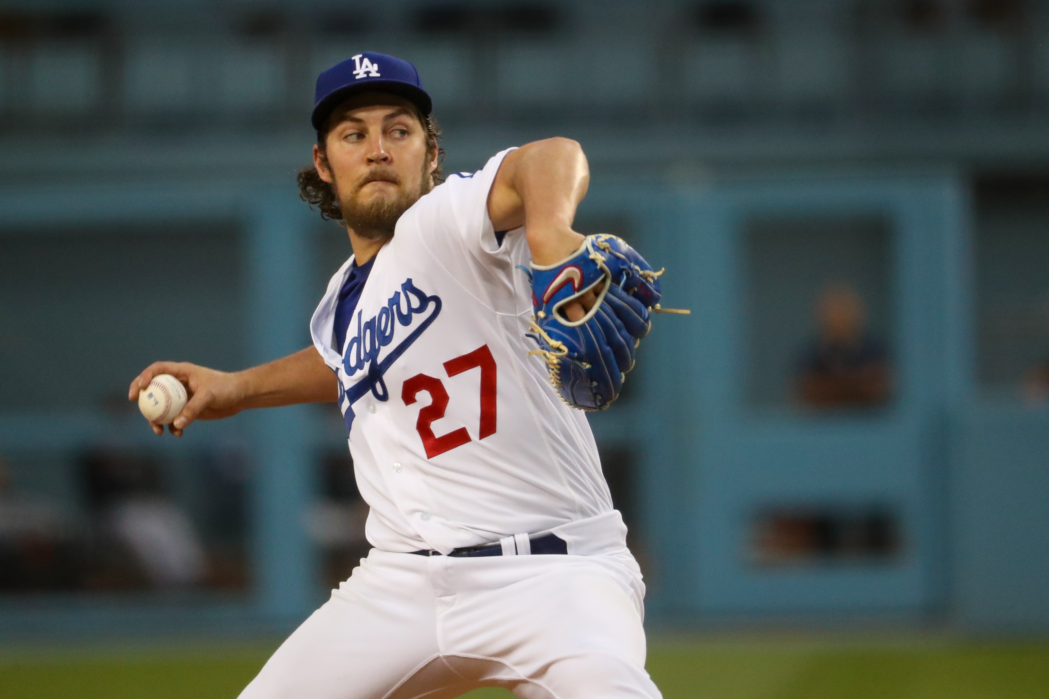 LOS ANGELES, CA - JUNE 28: Los Angeles Dodgers Starting pitcher Trevor Bauer (27) pitches during the MLB game between the San Francisco Giants and the Los Angeles Dodgers on June 28, 2021, at Dodger Stadium in Los Angeles, CA. (Photo by Kiyoshi Mio/Icon Sportswire via Getty Images) LOS ANGELES, CA - JUNE 28: Los Angeles Dodgers Starting pitcher Trevor Bauer (27) pitches during the MLB game between the San Francisco Giants and the Los Angeles Dodgers on June 28, 2021, at Dodger Stadium in Los Angeles, CA. (Photo by Kiyoshi Mio/Icon Sportswire via Getty Images)