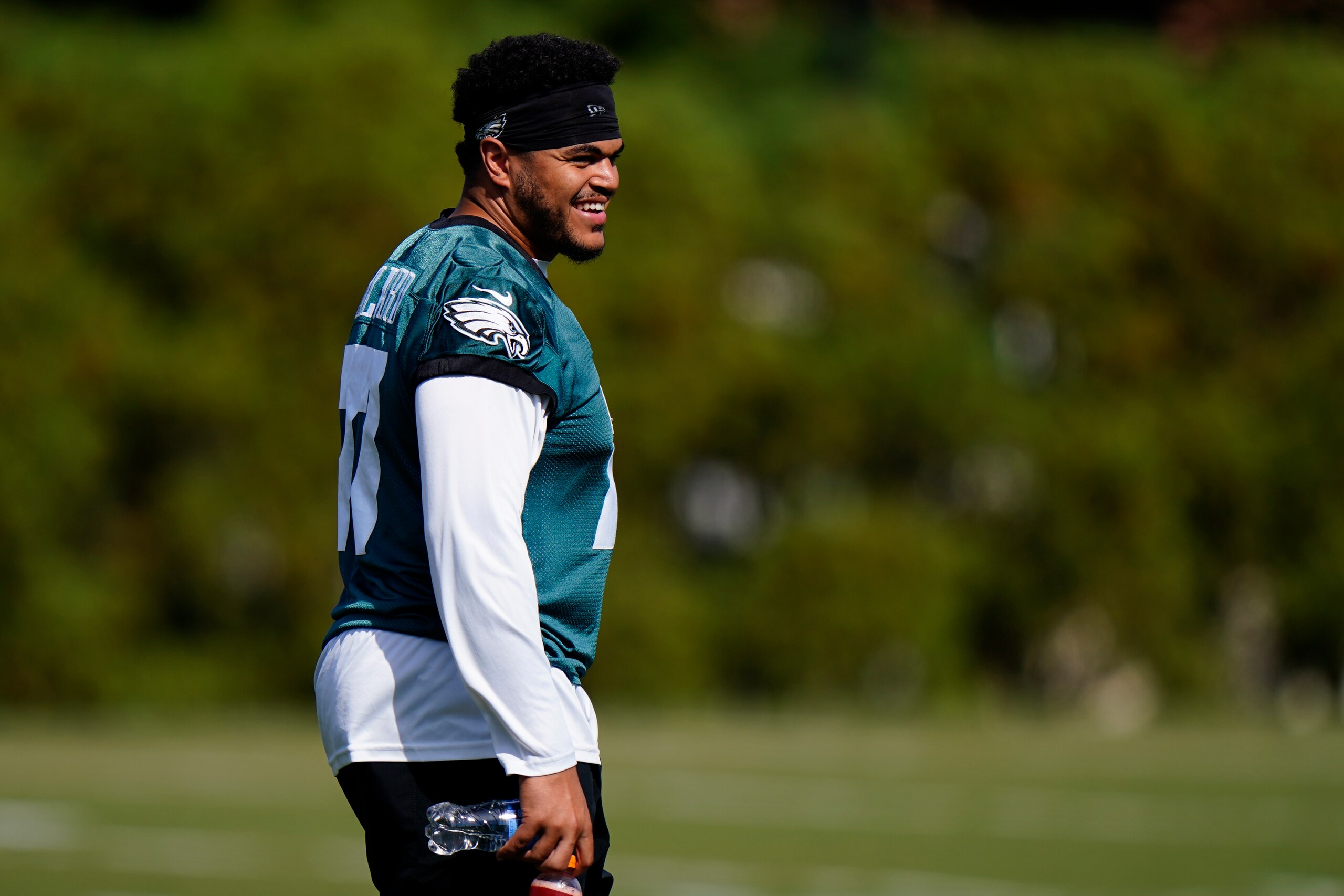 Philadelphia Eagles' Andre Dillard smiles during practice at the NFL football team's training facility, Thursday, Oct. 15, 2020, in Philadelphia. (AP Photo/Matt Slocum, Pool)