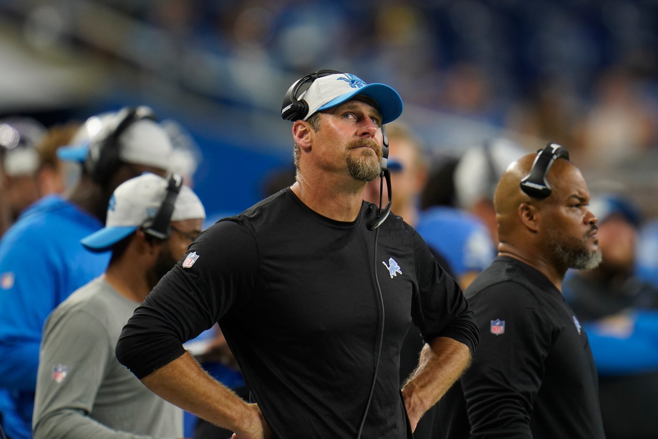 Detroit Lions head coach Dan Campbell watches from the sideline during the second half of a preseason NFL football game against the Buffalo Bills, Friday, Aug. 13, 2021, in Detroit. (AP Photo/Paul Sancya)