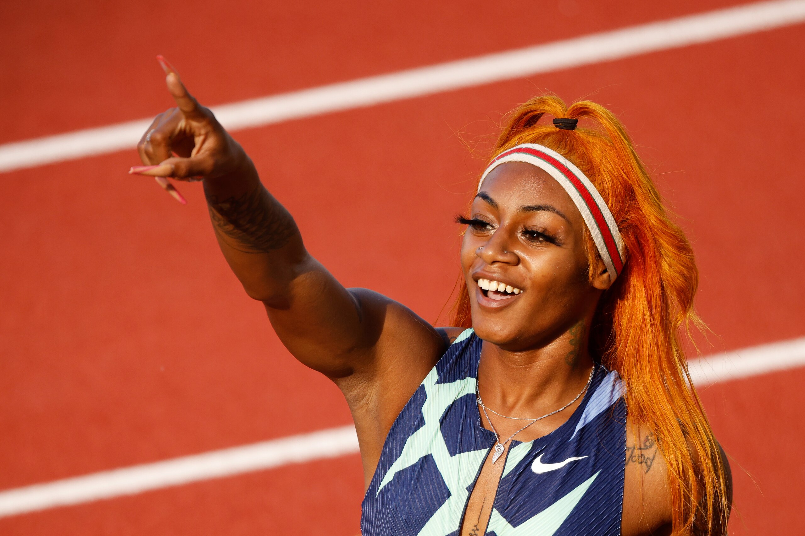 EUGENE, OREGON - JUNE 19: Sha'Carri Richardson reacts after competing in the Women's 100 Meter Semi-finals on day 2 of the 2020 U.S. Olympic Track & Field Team Trials at Hayward Field on June 19, 2021 in Eugene, Oregon. (Photo by Cliff Hawkins/Getty Images)