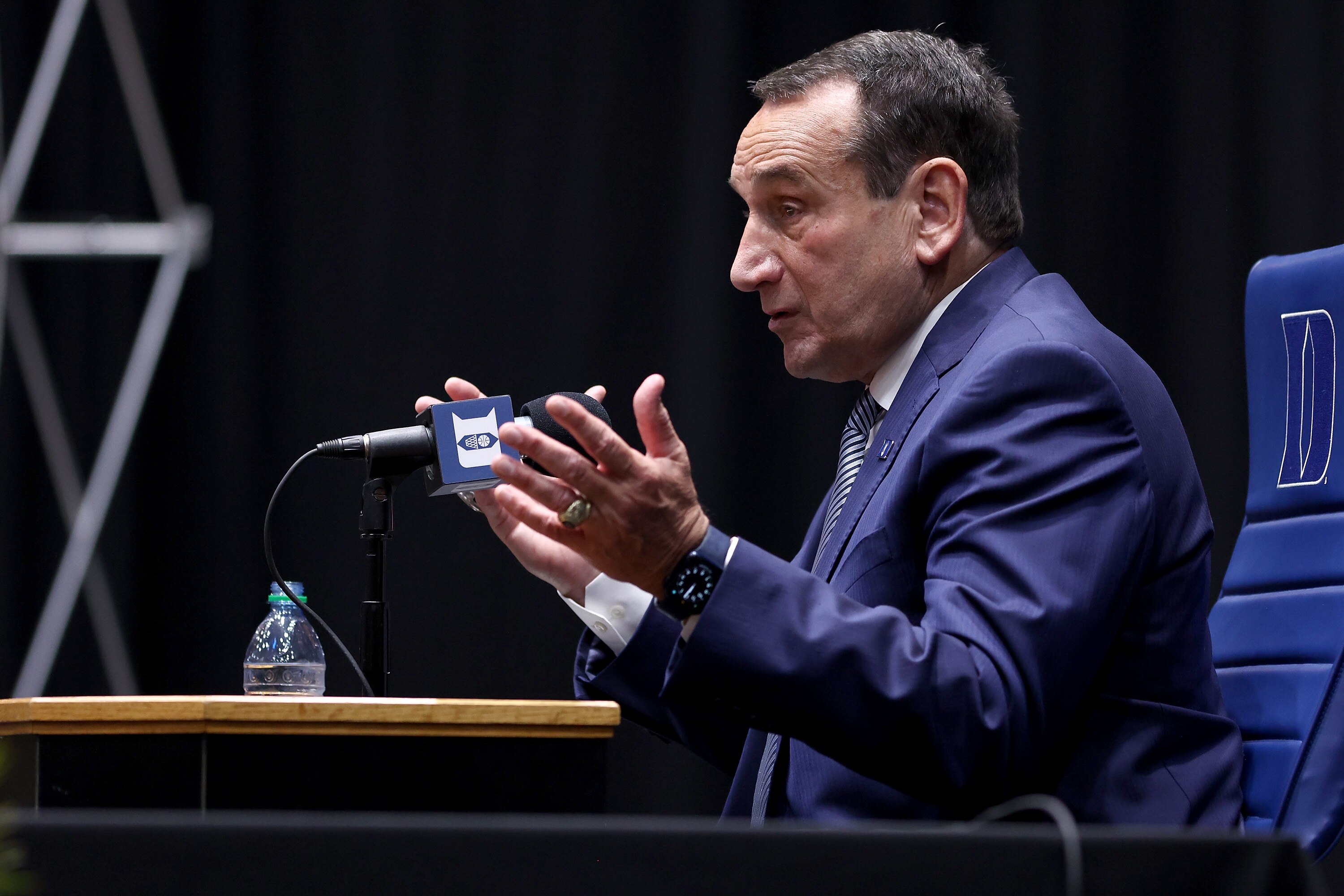 DURHAM, NORTH CAROLINA - JUNE 03: Head coach Mike Krzyzewski of the Duke Blue Devils speaks during a press conference at Cameron Indoor Stadium on June 03, 2021 in Durham, North Carolina. Krzyzewski, the winningest coach in Division I men's basketball history who led the Blue Devils to five national titles, announced he plans to retire after the 2021-2022 season. (Photo by Grant Halverson/Getty Images) DURHAM, NORTH CAROLINA - JUNE 03: Head coach Mike Krzyzewski of the Duke Blue Devils speaks during a press conference at Cameron Indoor Stadium on June 03, 2021 in Durham, North Carolina. Krzyzewski, the winningest coach in Division I men's basketball history who led the Blue Devils to five national titles, announced he plans to retire after the 2021-2022 season. (Photo by Grant Halverson/Getty Images)