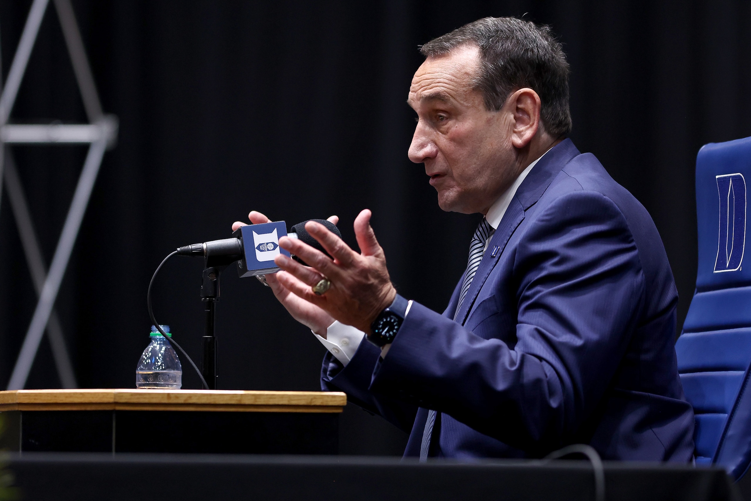 DURHAM, NORTH CAROLINA - JUNE 03: Head coach Mike Krzyzewski of the Duke Blue Devils speaks during a press conference at Cameron Indoor Stadium on June 03, 2021 in Durham, North Carolina. Krzyzewski, the winningest coach in Division I men's basketball history who led the Blue Devils to five national titles, announced he plans to retire after the 2021-2022 season. (Photo by Grant Halverson/Getty Images)