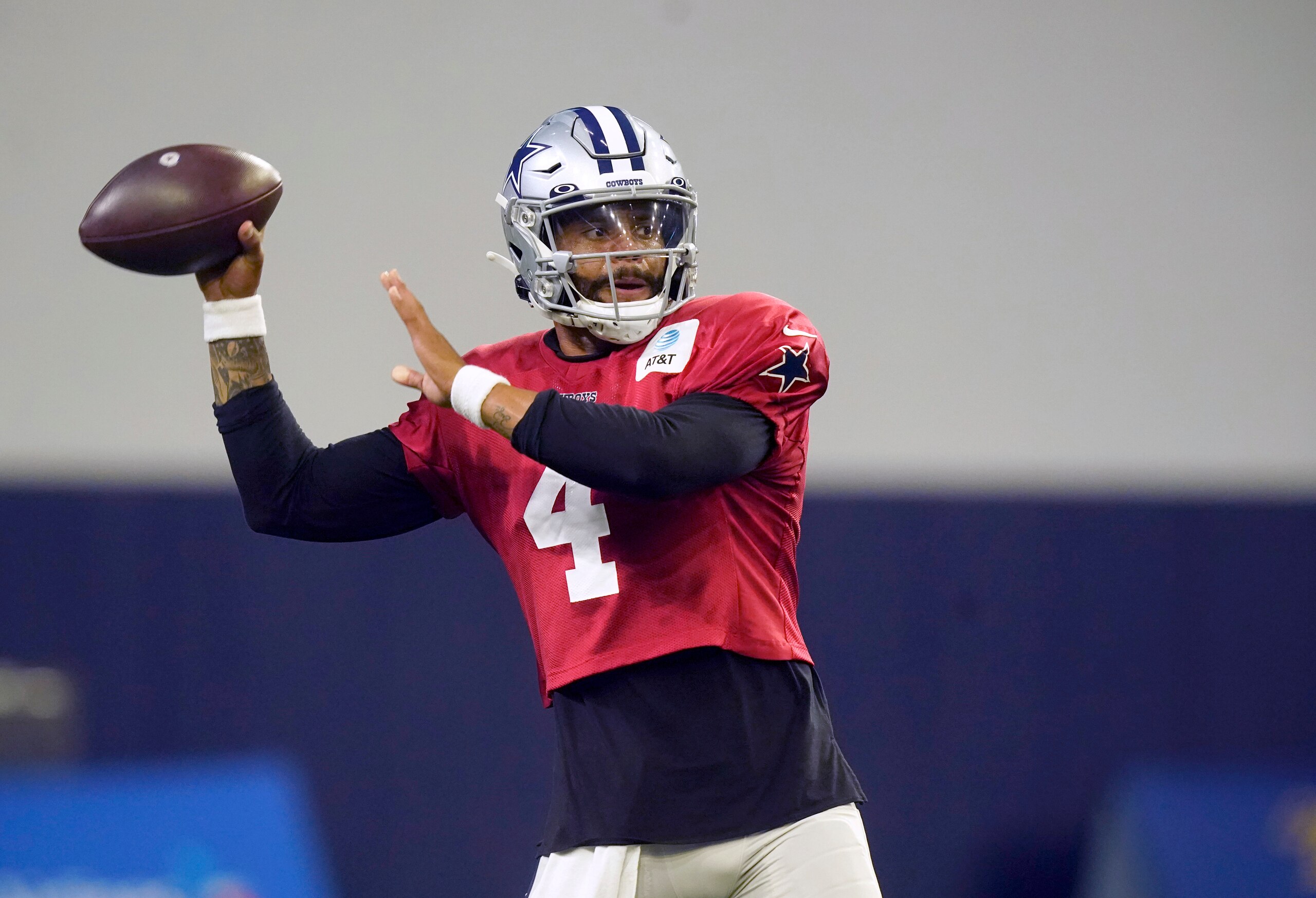 Dallas Cowboys quarterback Dak Prescott throws during an NFL football practice in Frisco, Texas, Monday, Aug. 16, 2021. (AP Photo/LM Otero)