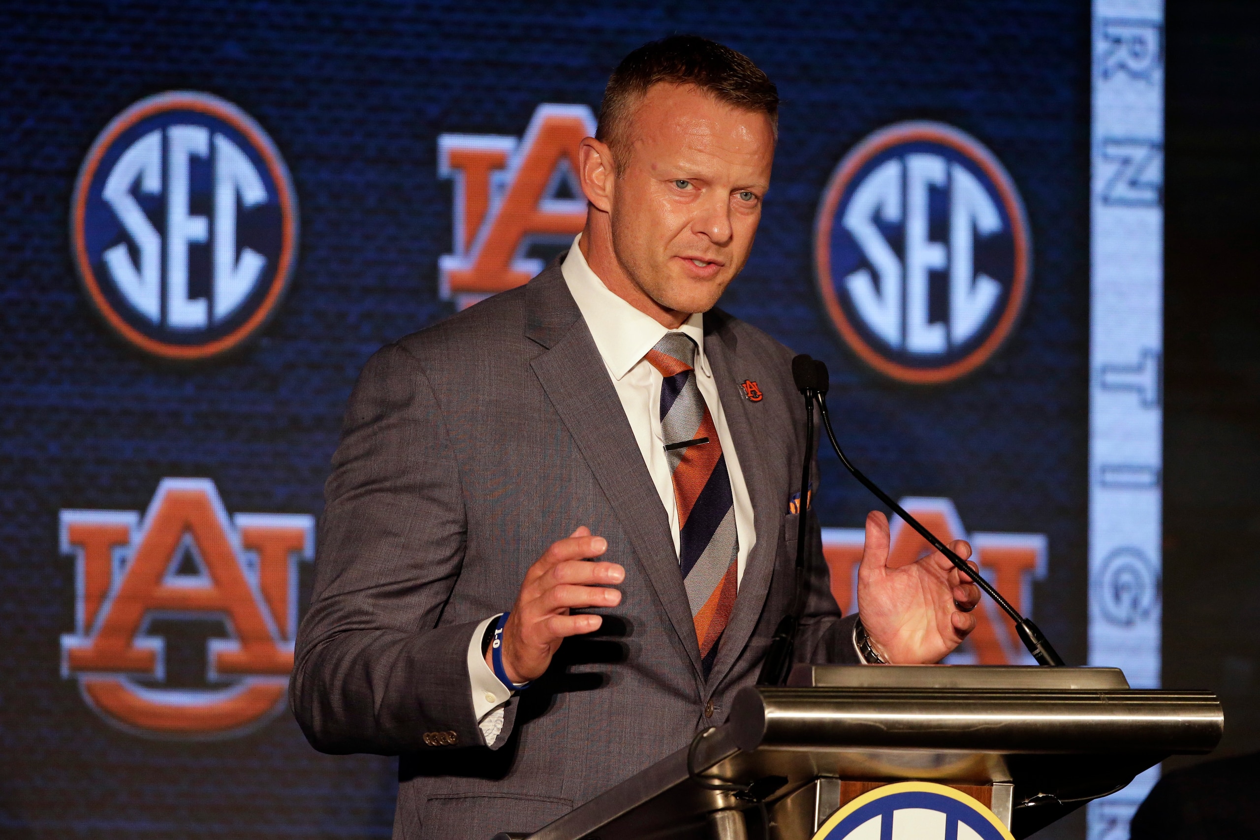 Auburn head coach Bryan Harsin speaks to reporters during the NCAA college football Southeastern Conference Media Days Thursday, July 22, 2021, in Hoover, Ala. (AP Photo/Butch Dill)