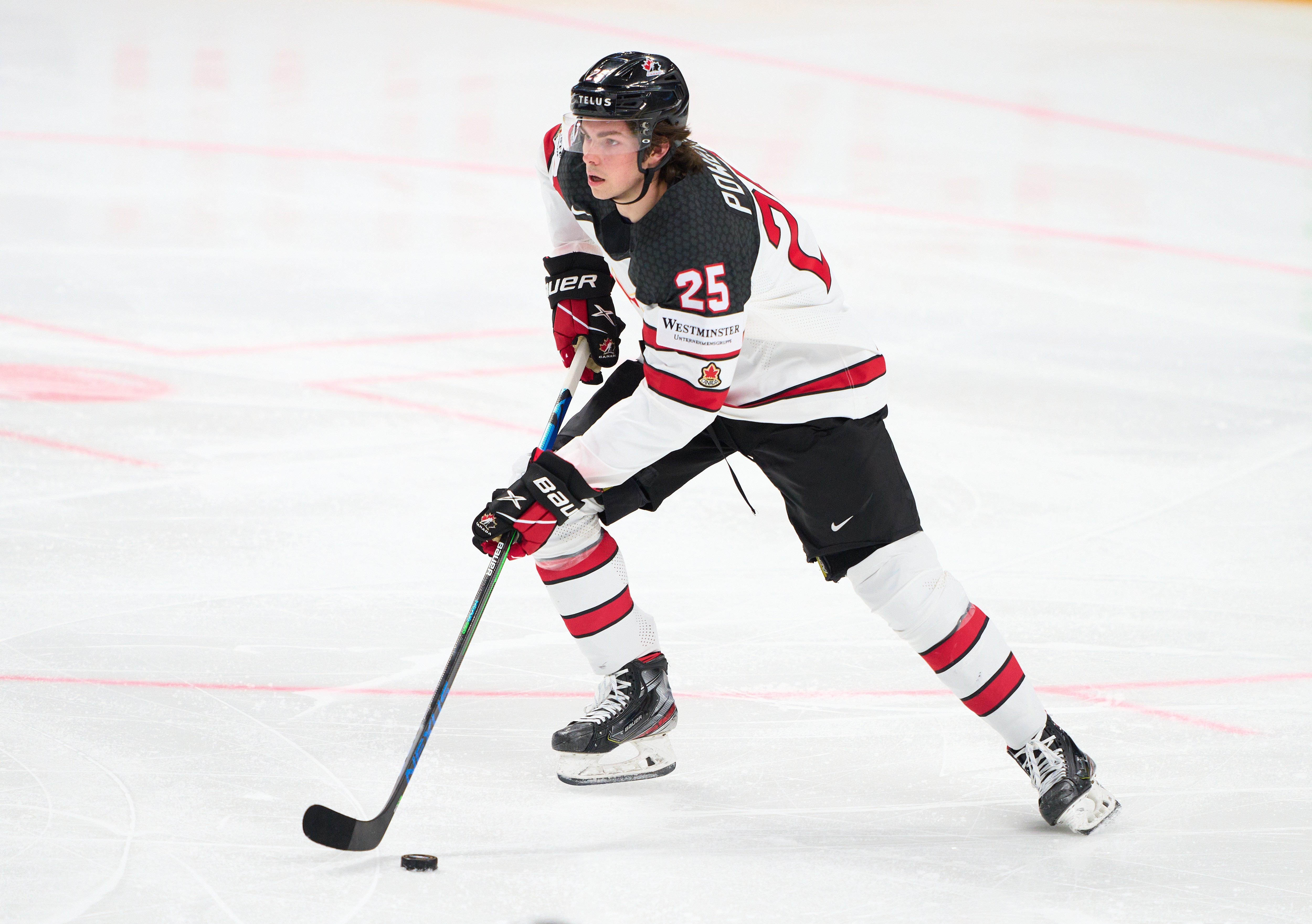 RIGA, LATVIA - JUNE 06: Owen Power #25 of Canada  in action during the 2021 IIHF Ice Hockey World Championship Gold Medal Game game between Canada and Finland at Arena Riga on June 6, 2021 in Riga, Latvia. Canada defeated Finland 3-2. (Photo by EyesWideOpen/Getty Images)
