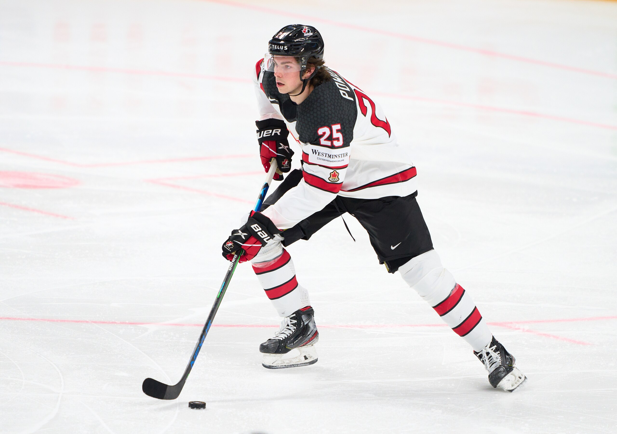 RIGA, LATVIA - JUNE 06: Owen Power #25 of Canada  in action during the 2021 IIHF Ice Hockey World Championship Gold Medal Game game between Canada and Finland at Arena Riga on June 6, 2021 in Riga, Latvia. Canada defeated Finland 3-2. (Photo by EyesWideOpen/Getty Images)