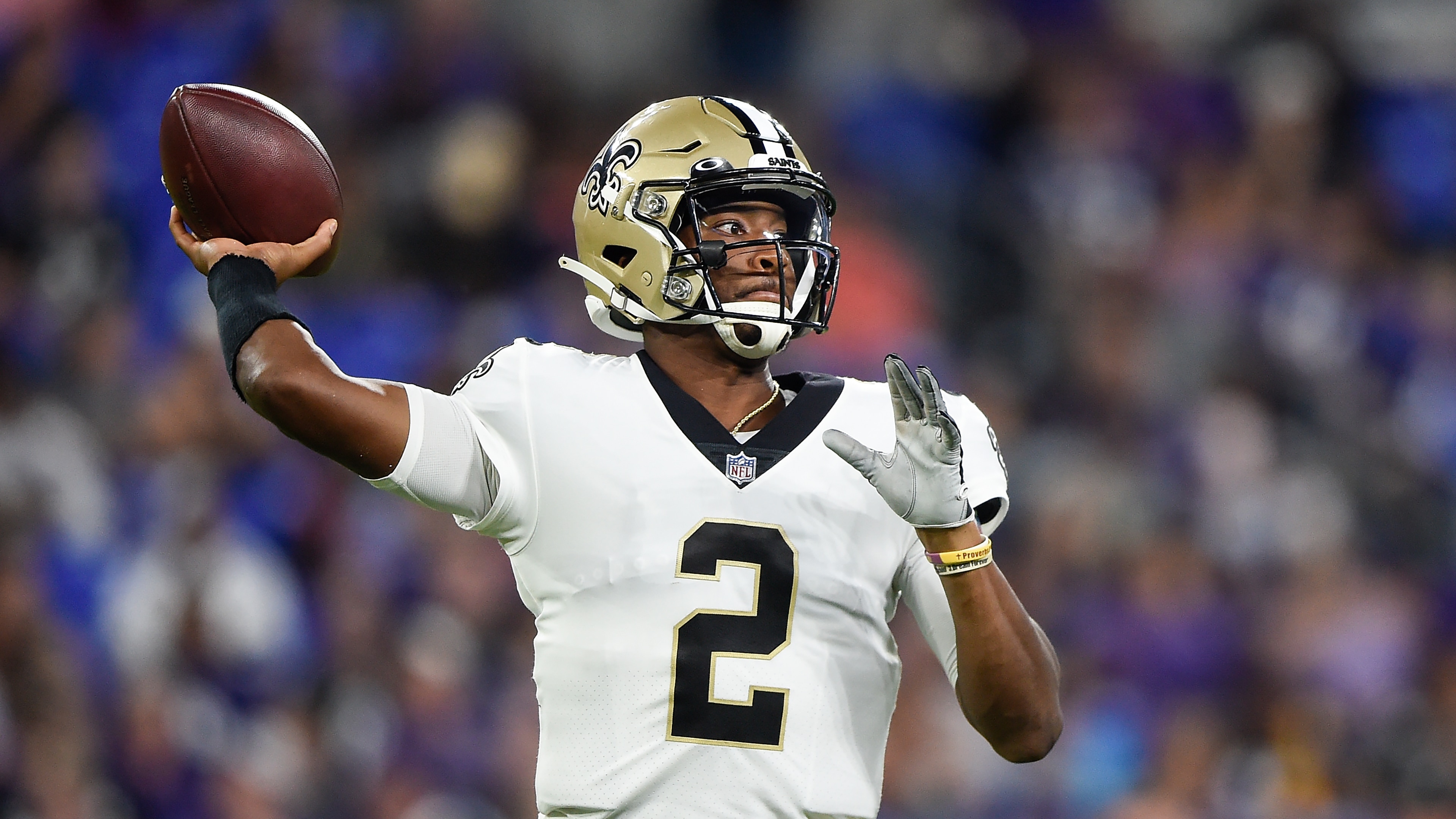 New Orleans Saints quarterback Jameis Winston (2) in action against the Baltimore Ravens during the first half of an NFL preseason football game, Saturday, Aug. 14, 2021, in Baltimore. (AP Photo/Gail Burton)