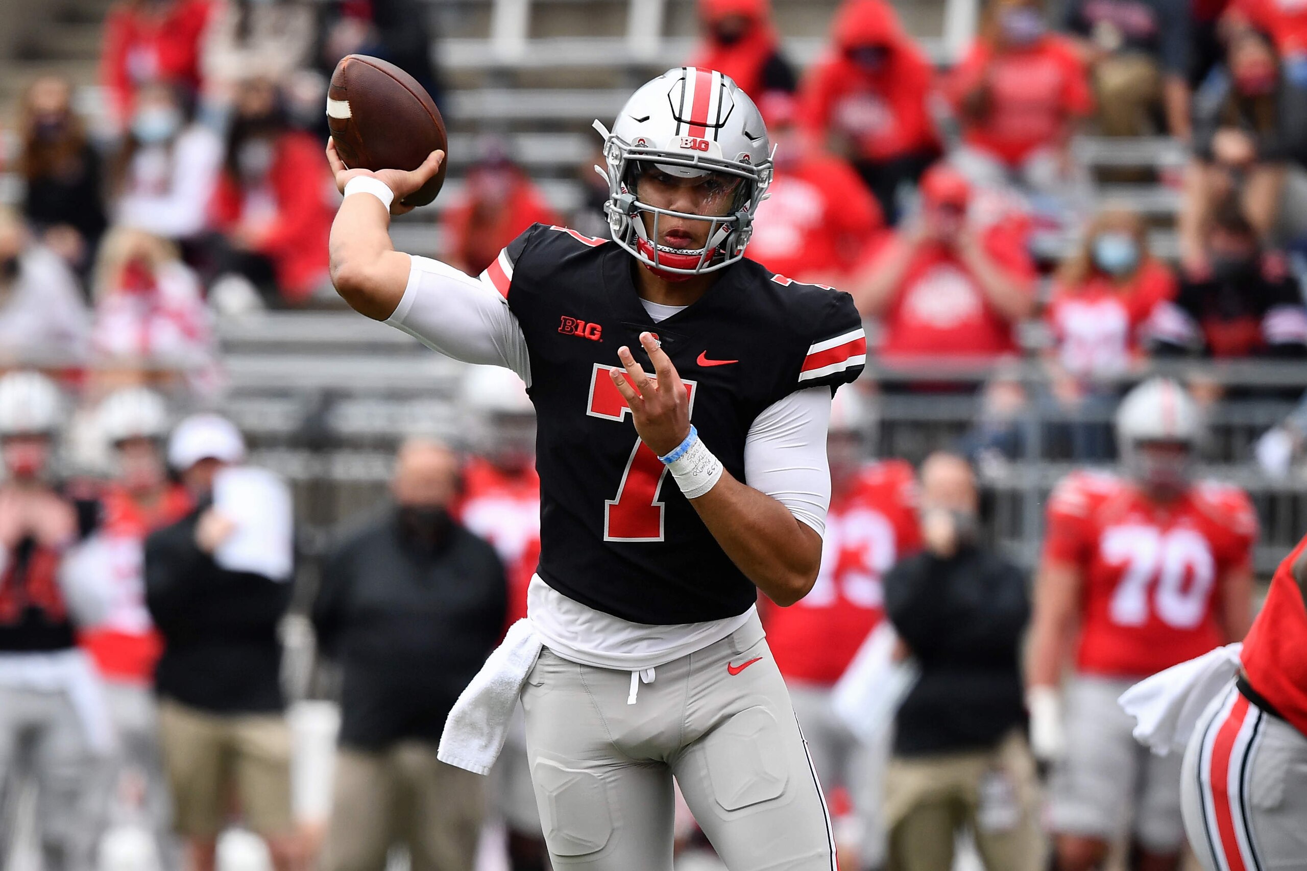 COLUMBUS, OH - APRIL 17:  Quarterback C.J. Stroud #7 of the Ohio State Buckeyes in action during the Spring Game at Ohio Stadium on April 17, 2021 in Columbus, Ohio.  (Photo by Jamie Sabau/Getty Images)