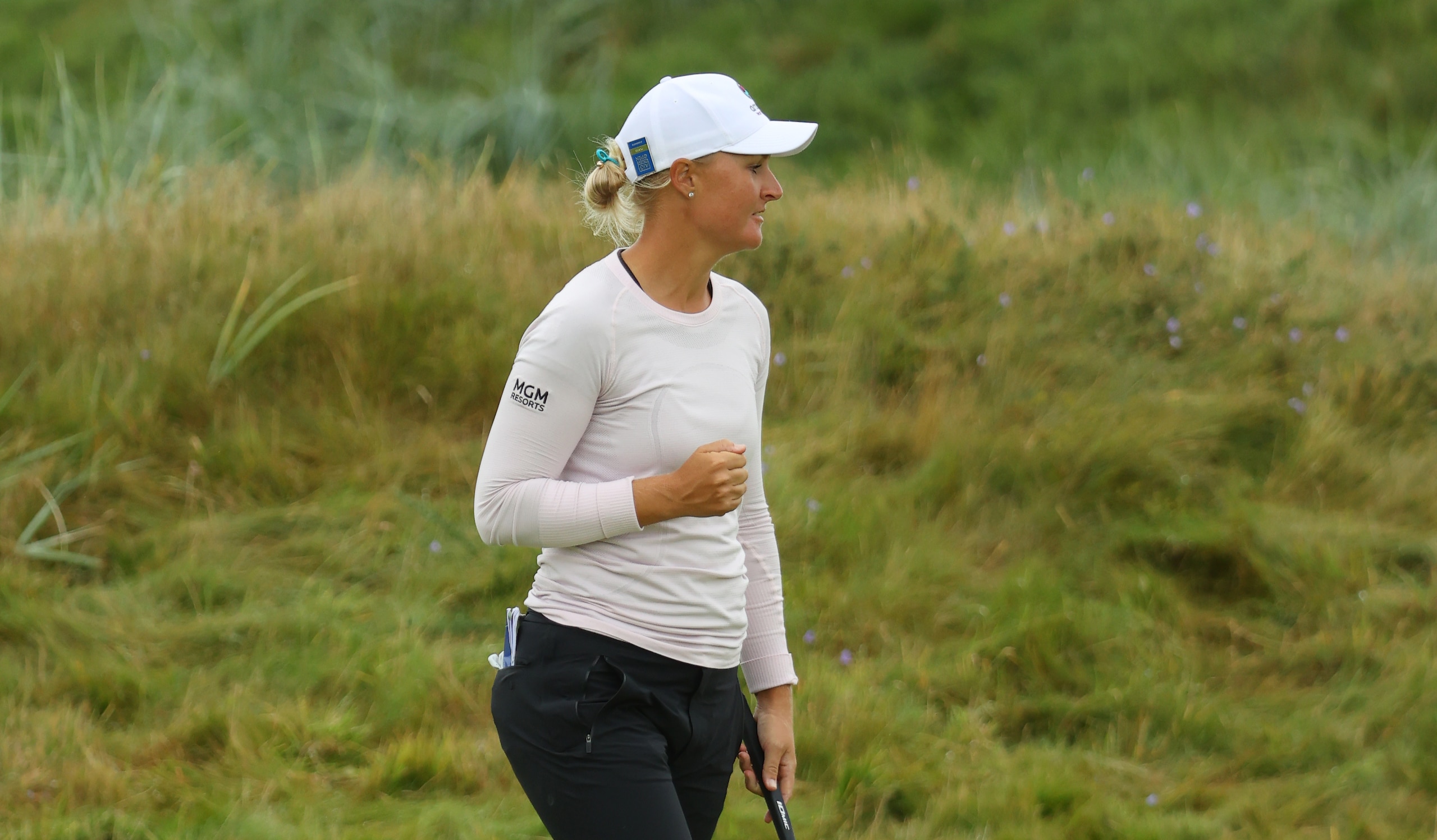 CARNOUSTIE, SCOTLAND - AUGUST 21: Anna Nordqvist of Sweden reacts at the 15th green during Day Three of the AIG Women's Open at Carnoustie Golf Links on August 21, 2021 in Carnoustie, Scotland. (Photo by Andrew Redington/Getty Images)