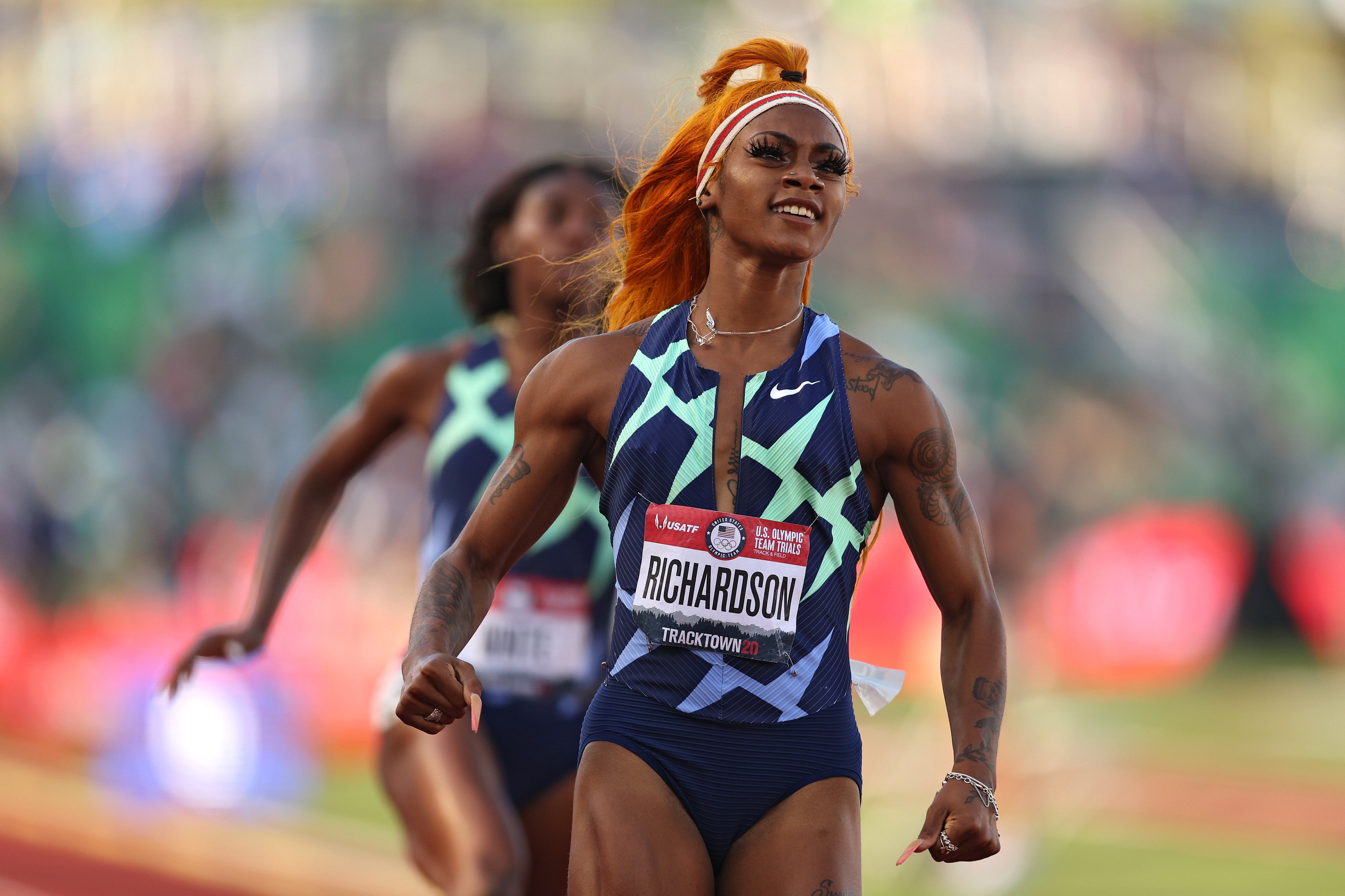 EUGENE, OREGON - JUNE 19: Sha'Carri Richardson runs in the Women's 100 Meter semifinal on day 2 of the 2020 U.S. Olympic Track & Field Team Trials at Hayward Field on June 19, 2021 in Eugene, Oregon. (Photo by Patrick Smith/Getty Images)