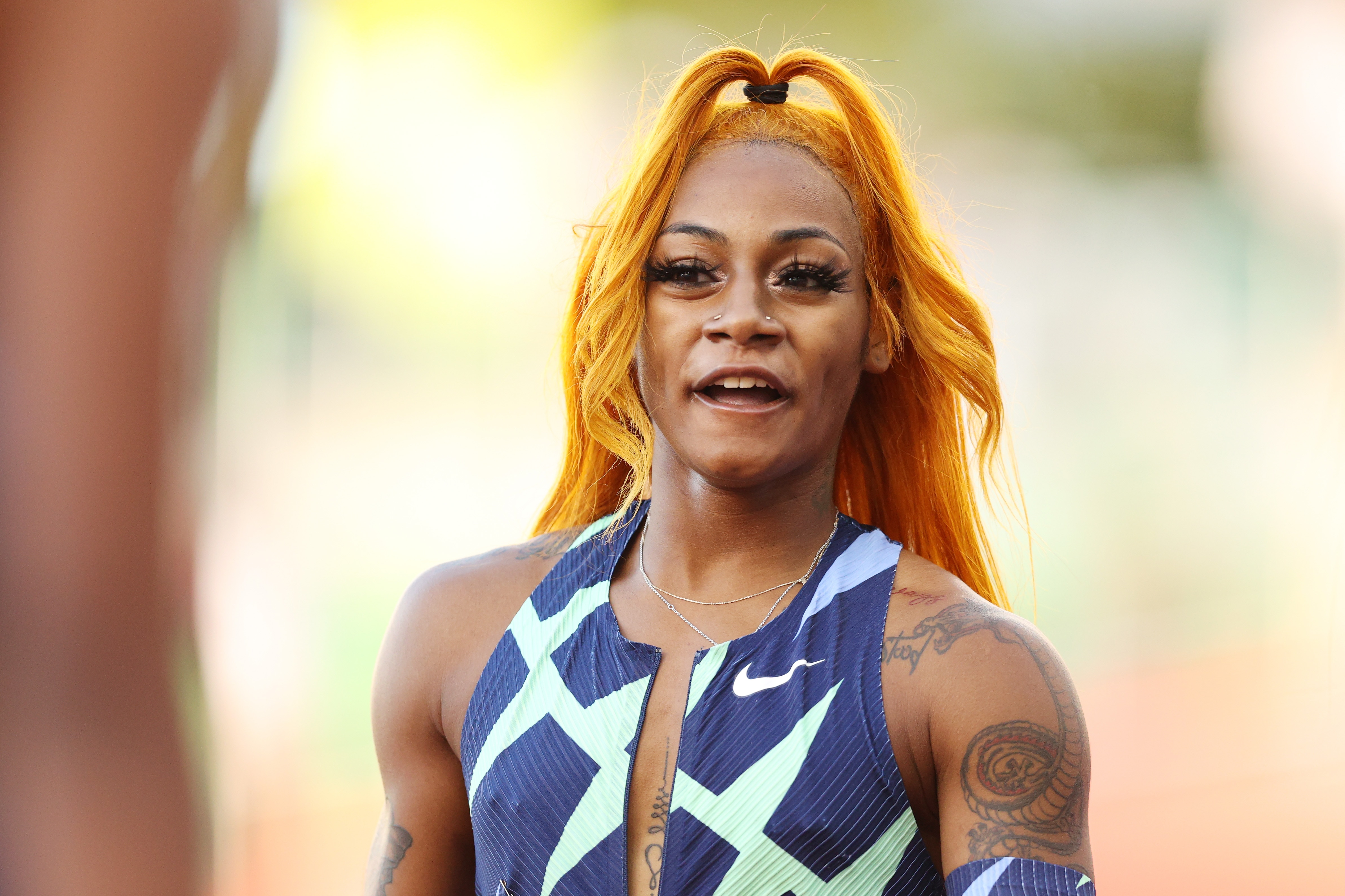 EUGENE, OREGON - JUNE 19: Sha'Carri Richardson looks on after winning the Women's 100 Meter final on day 2 of the 2020 U.S. Olympic Track & Field Team Trials at Hayward Field on June 19, 2021 in Eugene, Oregon. (Photo by Patrick Smith/Getty Images)