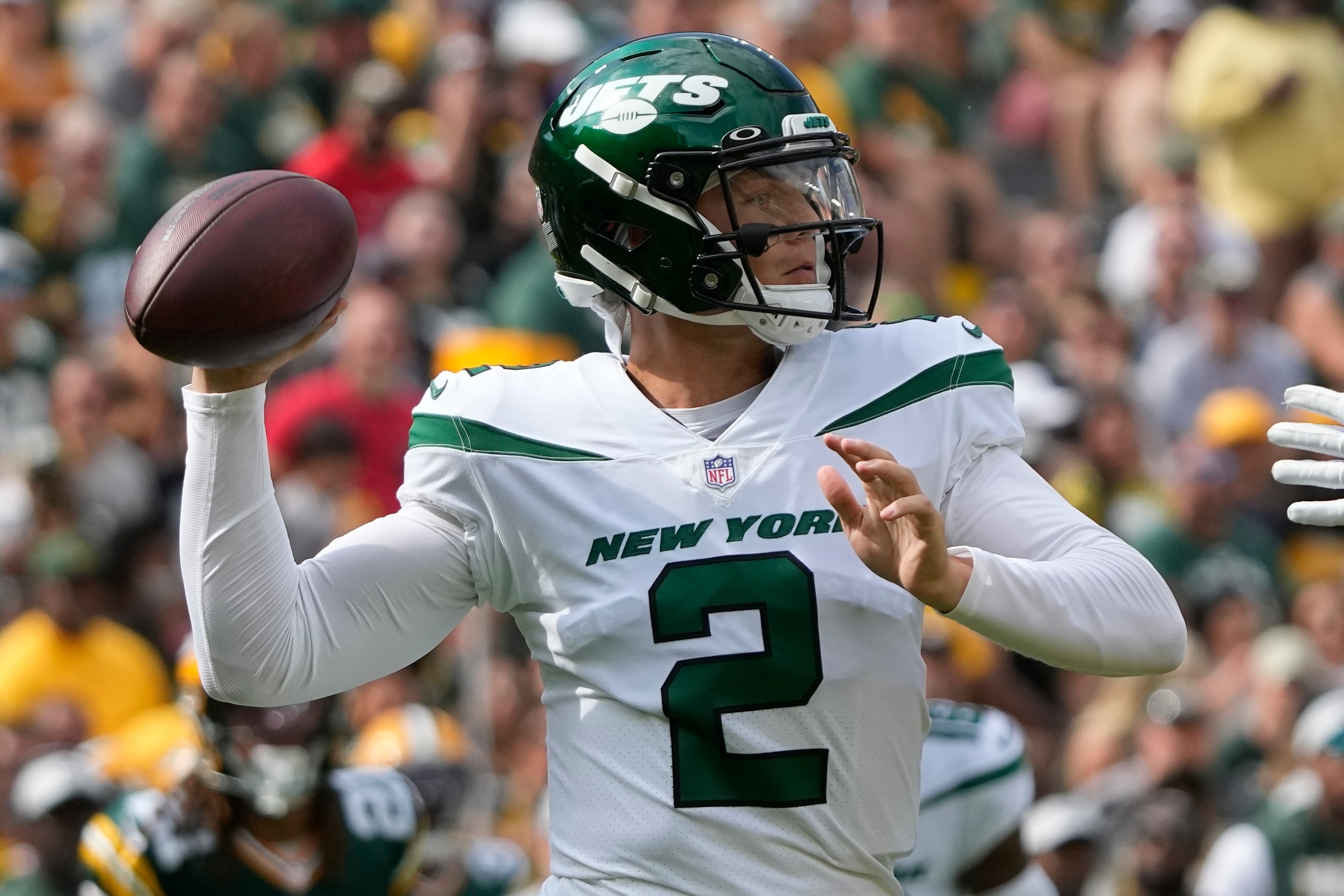 New York Jets' Zach Wilson throws during the first half of a preseason NFL football game against the Green Bay Packers Saturday, Aug. 21, 2021, in Green Bay, Wis. (AP Photo/Morry Gash)
