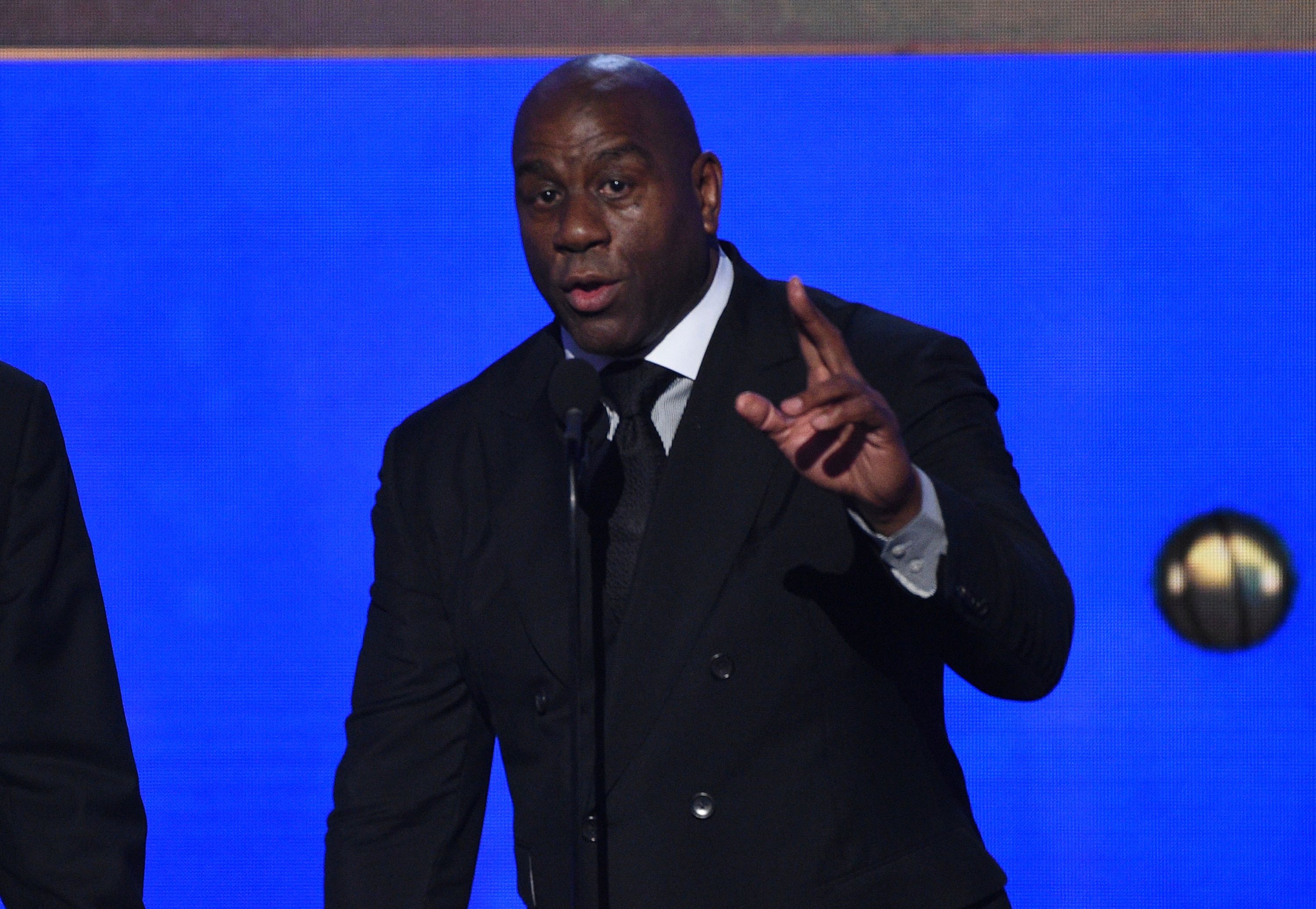 Magic Johnson accepts the lifetime achievement award at the NBA Awards on Monday, June 24, 2019, at the Barker Hangar in Santa Monica, Calif. (Photo by Chris Pizzello/Invision/AP)