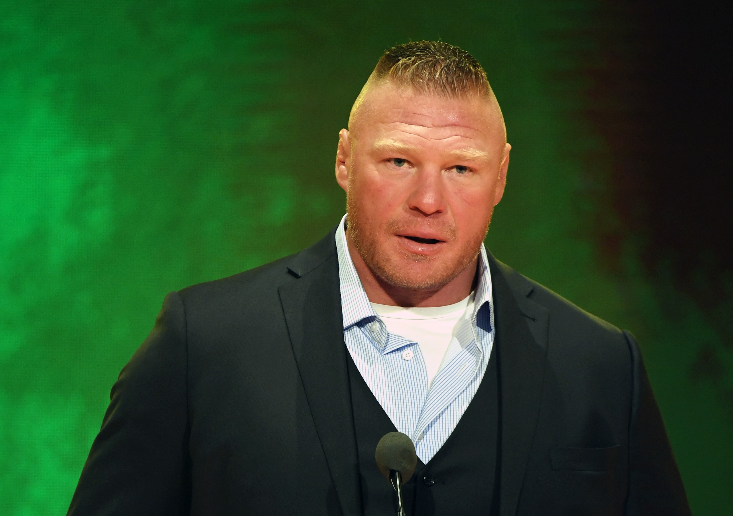 LAS VEGAS, NEVADA - OCTOBER 11:  WWE champion Brock Lesnar speaks during a WWE news conference at T-Mobile Arena on October 11, 2019 in Las Vegas, Nevada. Lesnar will face former UFC heavyweight champion Cain Velasquez and WWE wrestler Braun Strowman will take on heavyweight boxer Tyson Fury at the WWE's Crown Jewel event at Fahd International Stadium in Riyadh, Saudi Arabia on October 31.  (Photo by Ethan Miller/Getty Images)