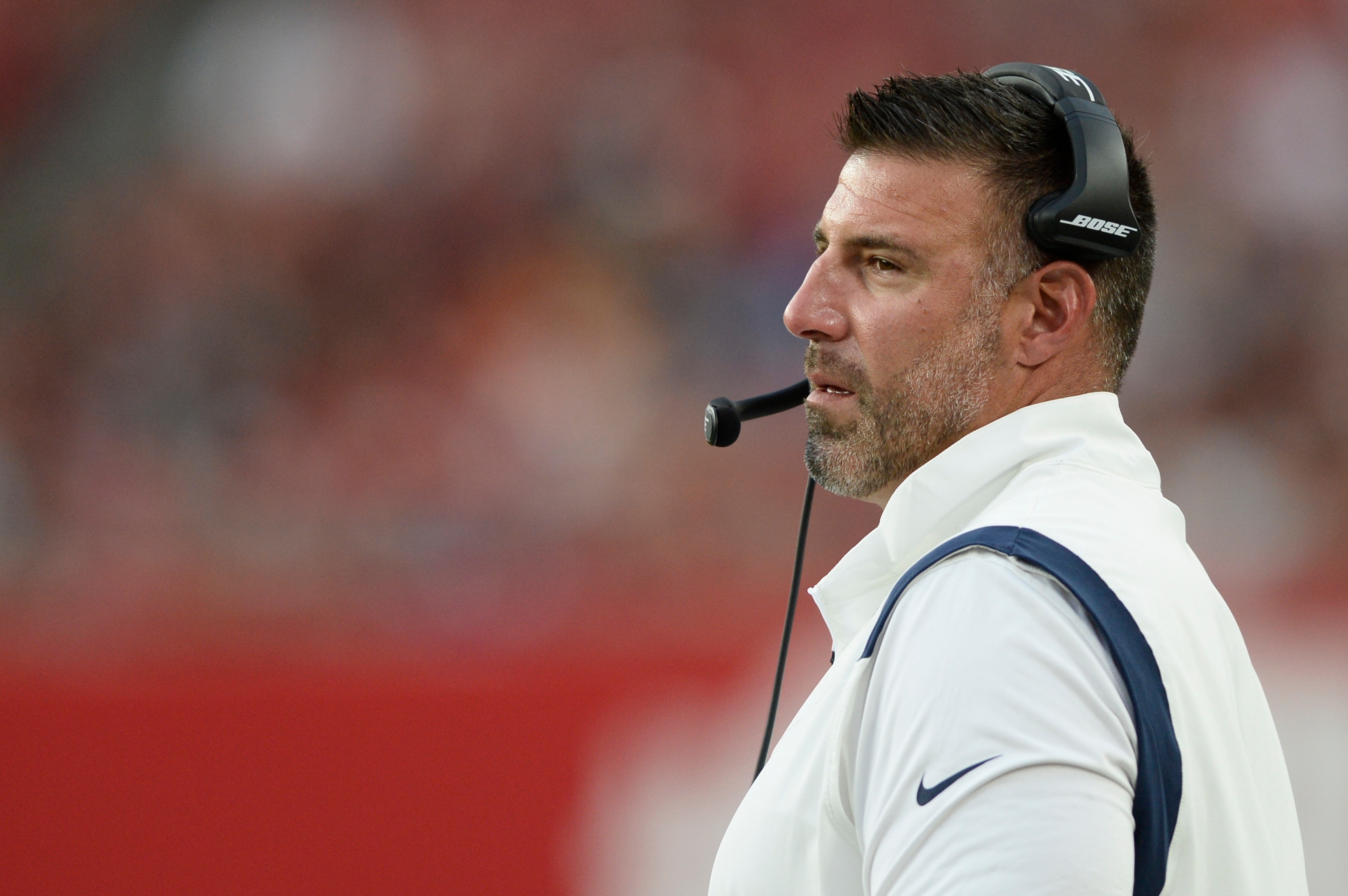 Tennessee Titans head coach Mike Vrabel during the first half of an NFL preseason football game against the Tampa Bay Buccaneers Saturday, Aug. 21, 2021, in Tampa, Fla. (AP Photo/Jason Behnken)
