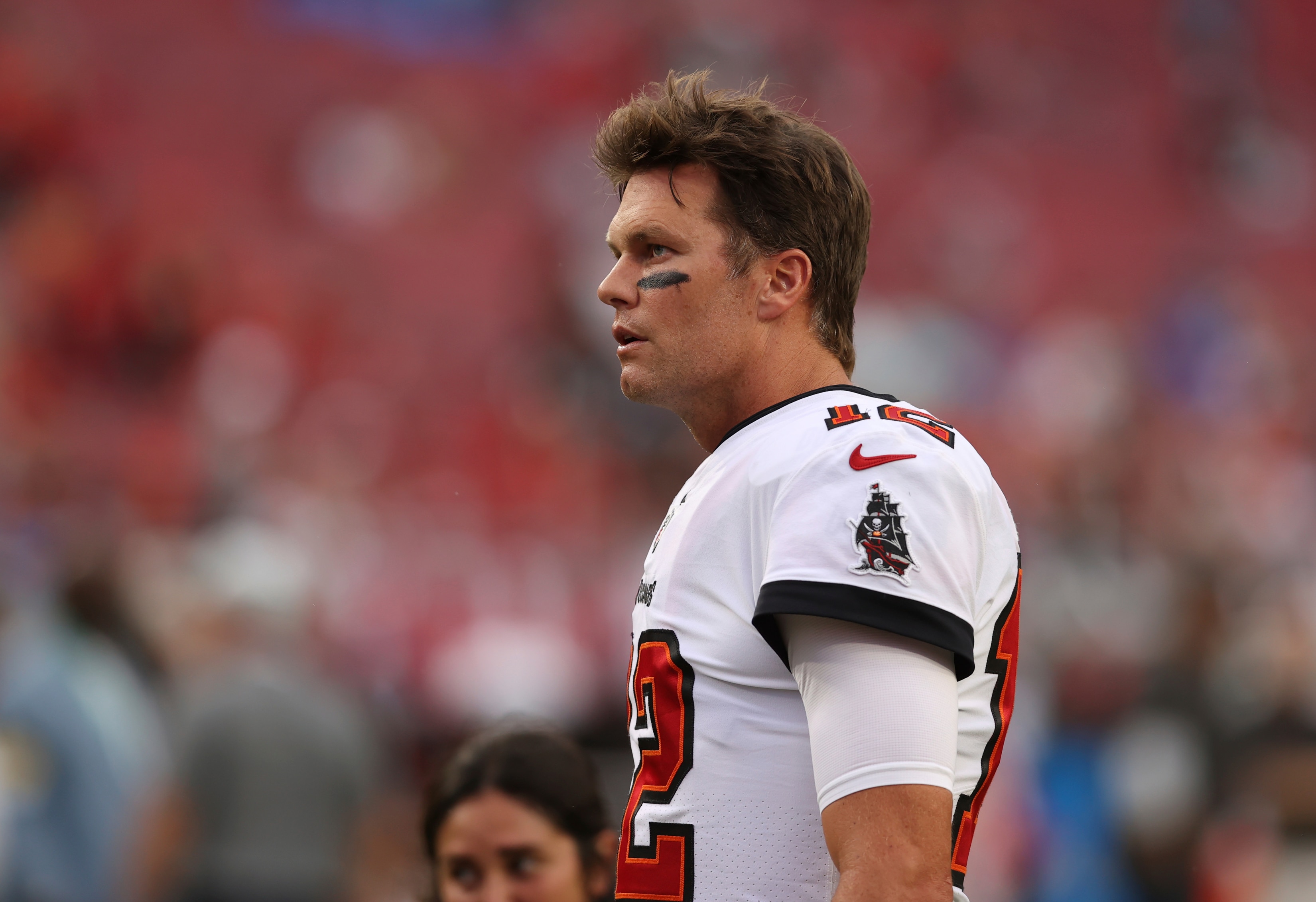 Tampa Bay Buccaneers quarterback Tom Brady (12) before an NFL preseason football game against the Cincinnati Bengals Saturday, Aug. 14, 2021, in Tampa, Fla. (AP Photo/Mark LoMoglio)