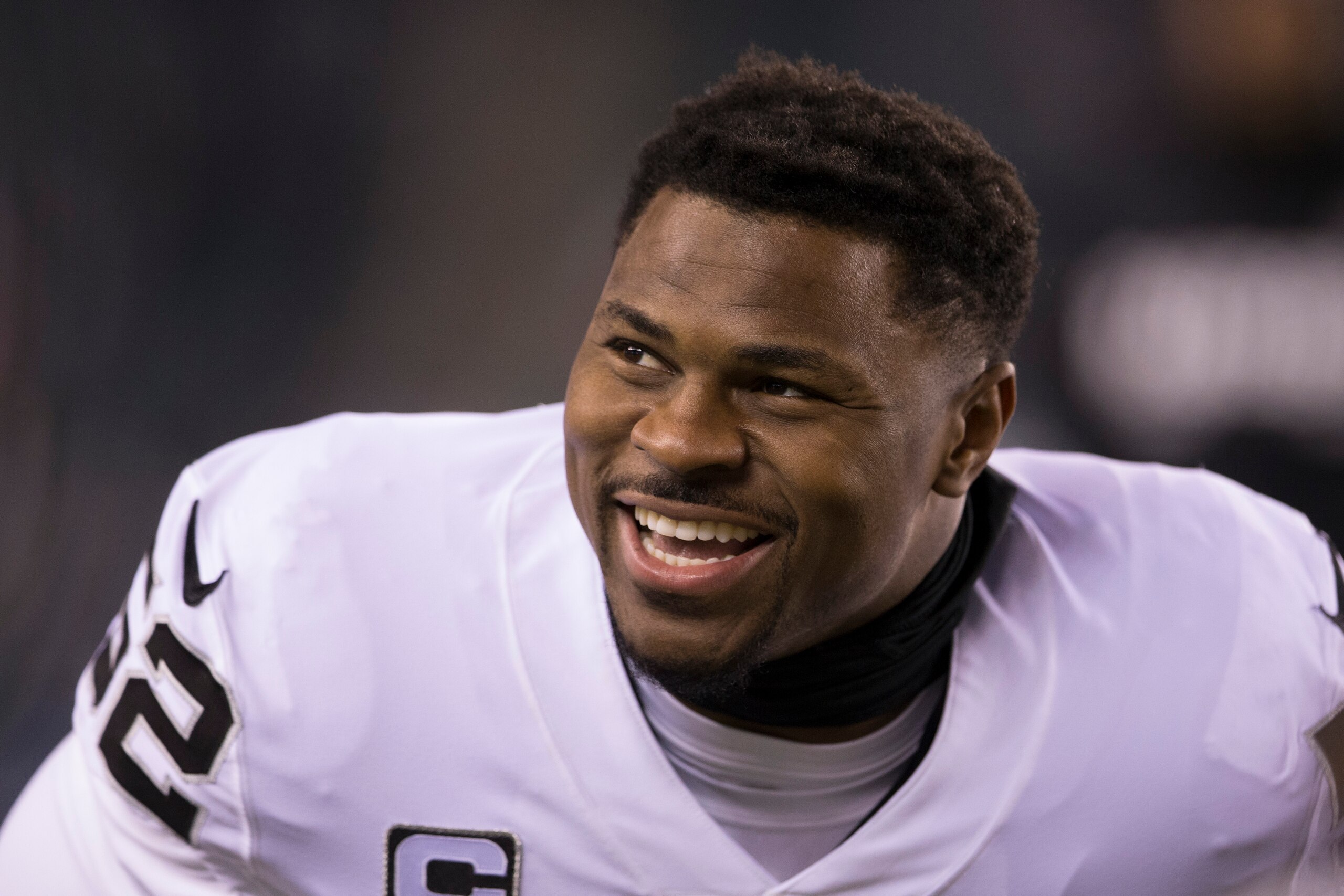 PHILADELPHIA, PA - DECEMBER 25: Khalil Mack #52 of the Oakland Raiders smiles prior to the game against the Philadelphia Eagles at Lincoln Financial Field on December 25, 2017 in Philadelphia, Pennsylvania. (Photo by Mitchell Leff/Getty Images)