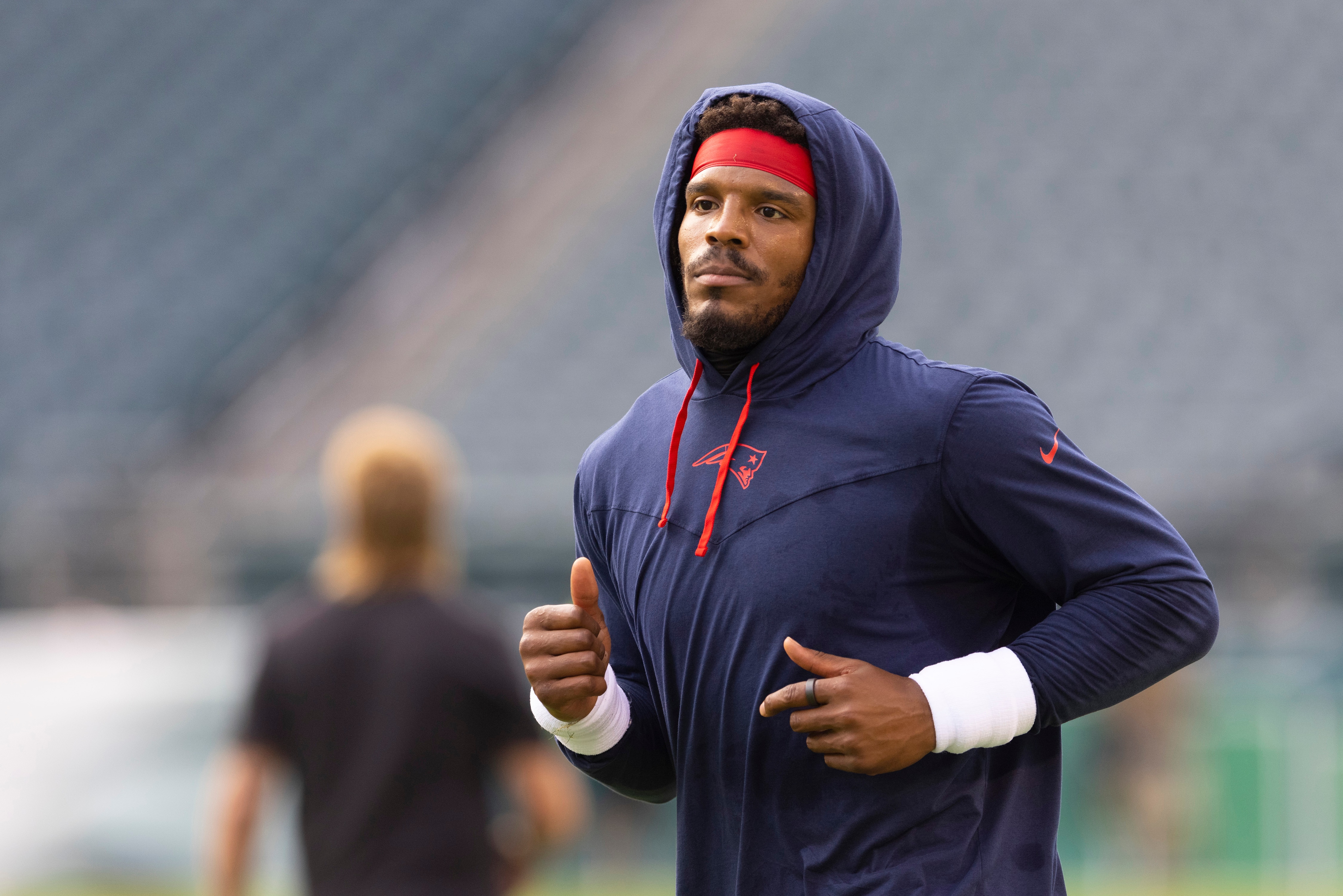 PHILADELPHIA, PA - AUGUST 19: Cam Newton #1 of the New England Patriots looks on against the Philadelphia Eagles in the preseason game at Lincoln Financial Field on August 19, 2021 in Philadelphia, Pennsylvania. The Patriots defeated the Eagles 35-0. (Photo by Mitchell Leff/Getty Images)