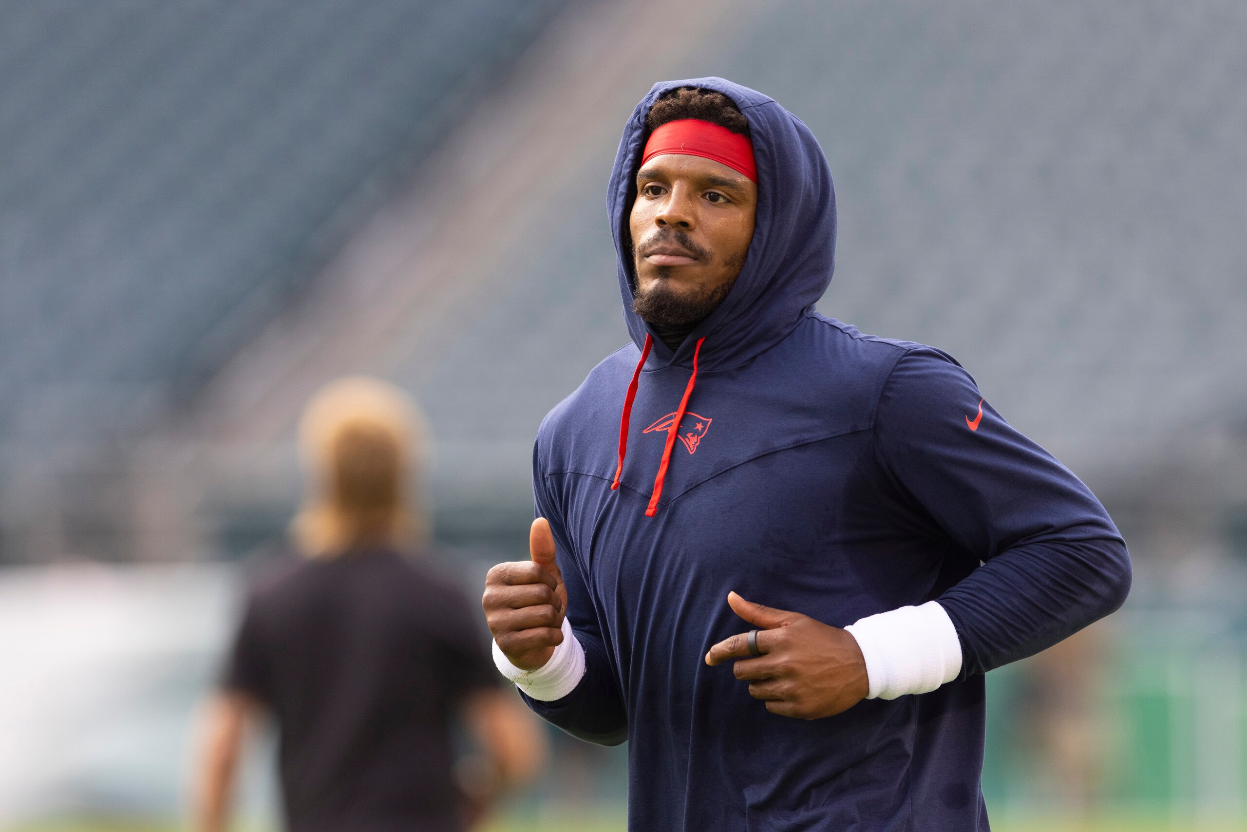 PHILADELPHIA, PA - AUGUST 19: Cam Newton #1 of the New England Patriots looks on against the Philadelphia Eagles in the preseason game at Lincoln Financial Field on August 19, 2021 in Philadelphia, Pennsylvania. The Patriots defeated the Eagles 35-0. (Photo by Mitchell Leff/Getty Images)