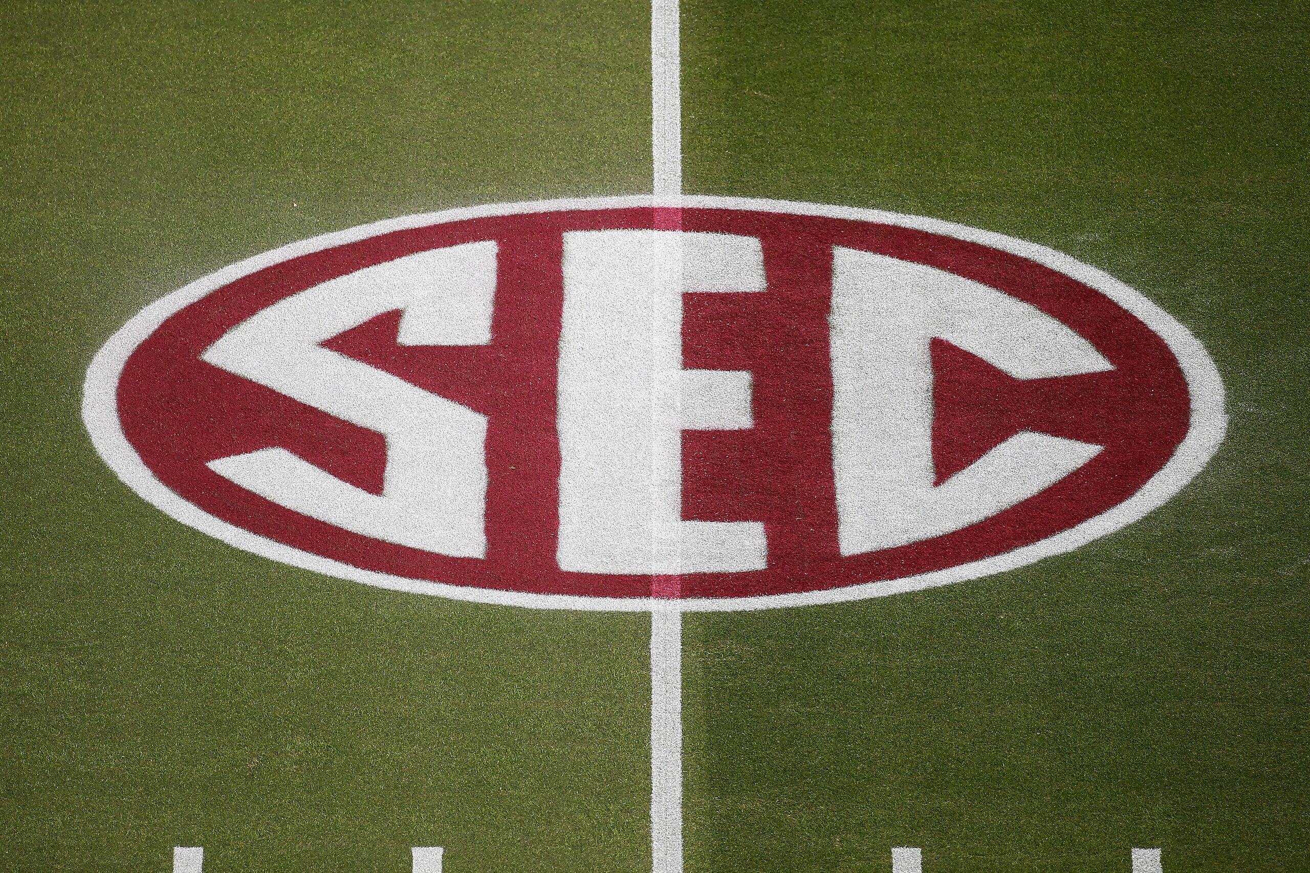 COLLEGE STATION, TEXAS - OCTOBER 31: The SEC logo is seen on the field before the game between the Texas A&M Aggies and the Arkansas Razorbacks at Kyle Field on October 31, 2020 in College Station, Texas. (Photo by Tim Warner/Getty Images)