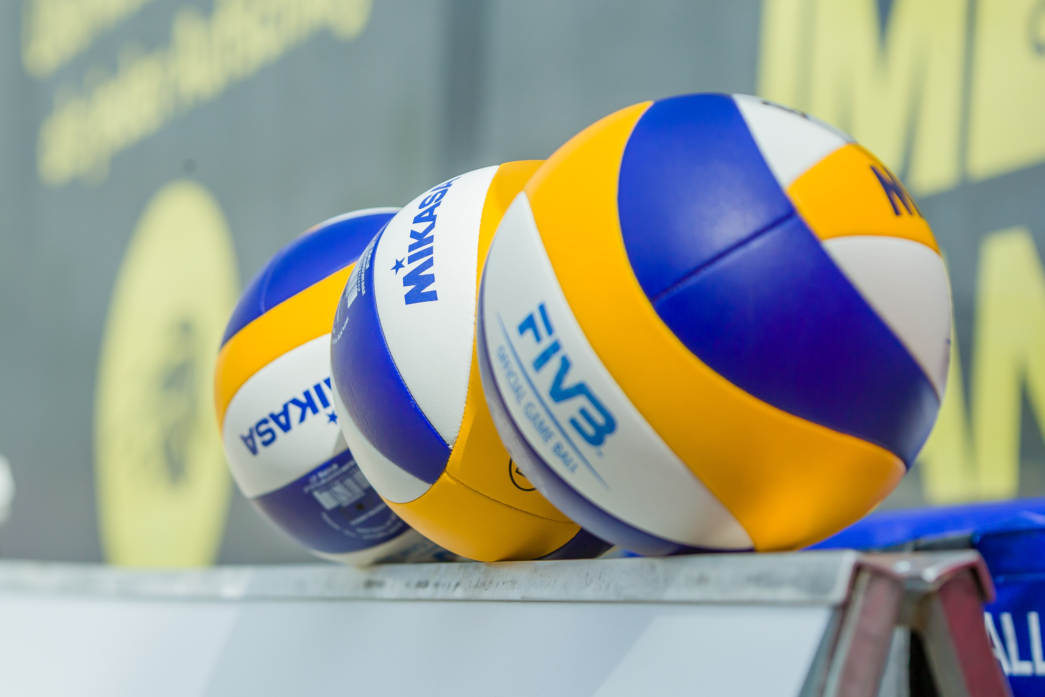 DUESSELDORF, GERMANY - JULY 26: (BILD ZEITUNG OUT)  Three volleyballs on an advertising band during the semi-final of qualification for the German Championships 2020 on July 26, 2020 in Duesseldorf, Germany. (Photo by Mario Hommes/DeFodi Images via Getty Images)