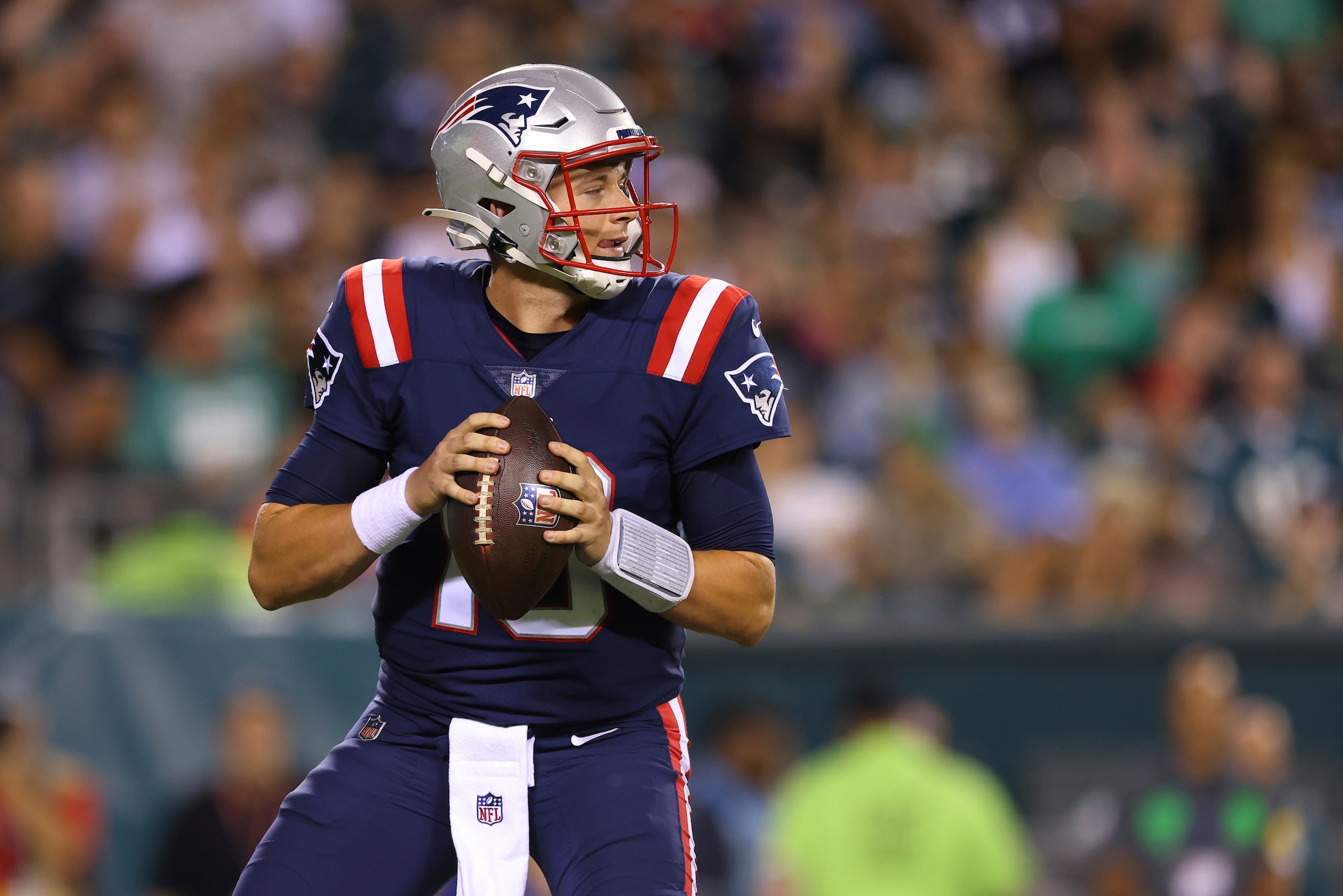 New England Patriots' Mac Jones (10) in action during a pre-season NFL football game against the Philadelphia Eagles, Thursday, Aug. 19, 2021, in Philadelphia. (AP Photo/Rich Schultz)