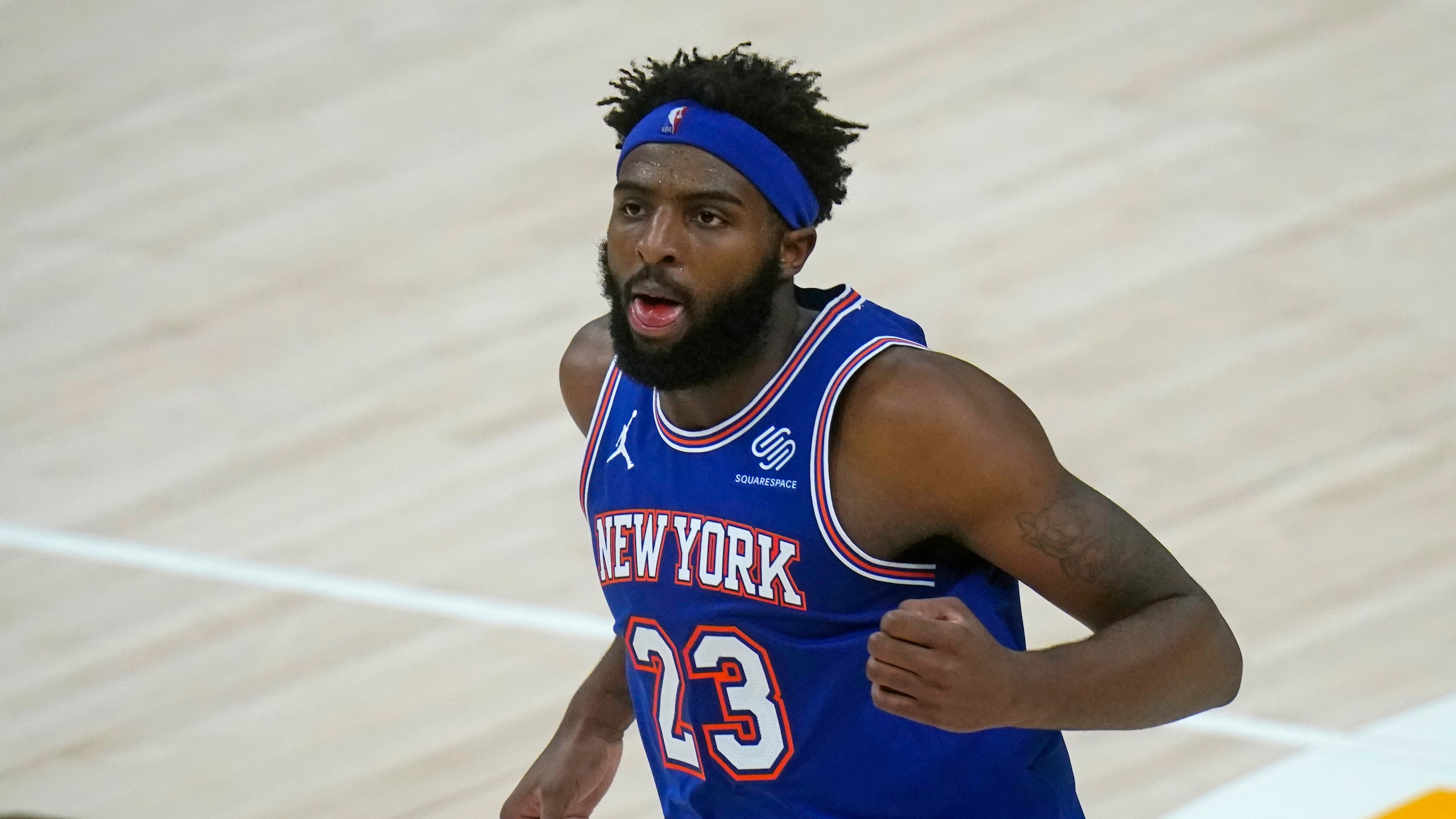 New York Knicks center Mitchell Robinson (23) defends in the second half during an NBA basketball game against the Utah Jazz Tuesday, Jan. 26, 2021, in Salt Lake City. (AP Photo/Rick Bowmer)