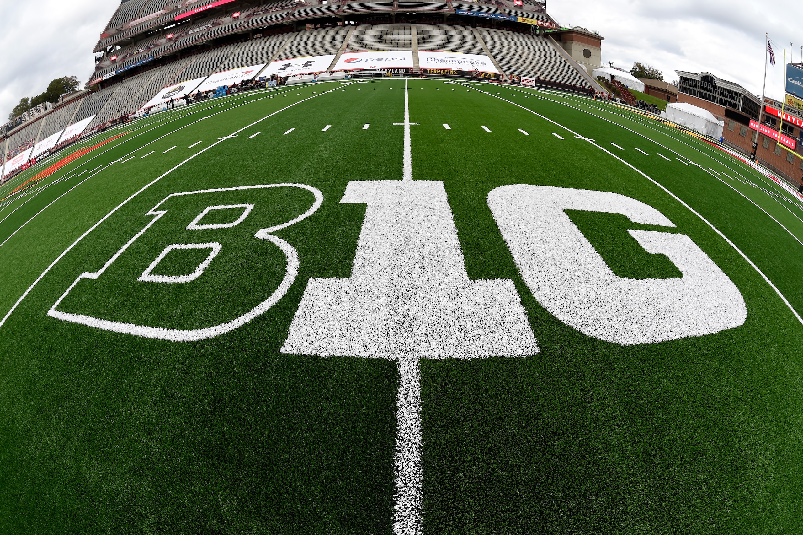 COLLEGE PARK, MD - OCTOBER 30:  The Big Ten logo on the field at Maryland Stadium before the game between the Maryland Terrapins and the Minnesota Golden Gophers on October 30, 2020 at  in College Park, Maryland. (Photo by G Fiume/Maryland Terrapins/Getty Images)