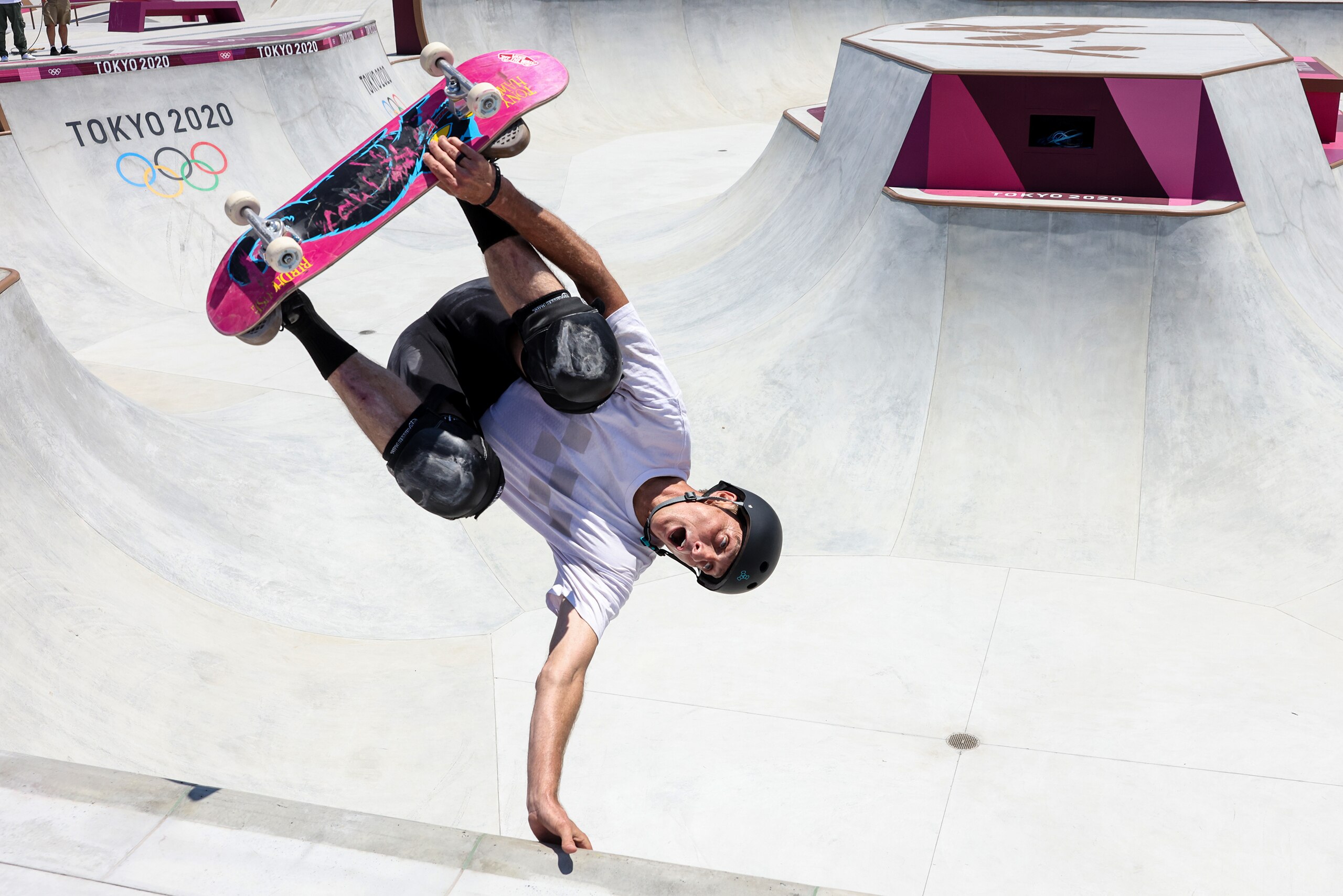 Tokyo, Japan, Friday, July 23, 2021 - Scenes from the Ariake Urban Sports Park where Olympic skateboarders practice before competition starts in a few days.  Skating legend Tony Hawk was skating, as well, doing a photo shoot to promote the new Olympic sport.  (Robert Gauthier/Los Angeles Times via Getty Images)