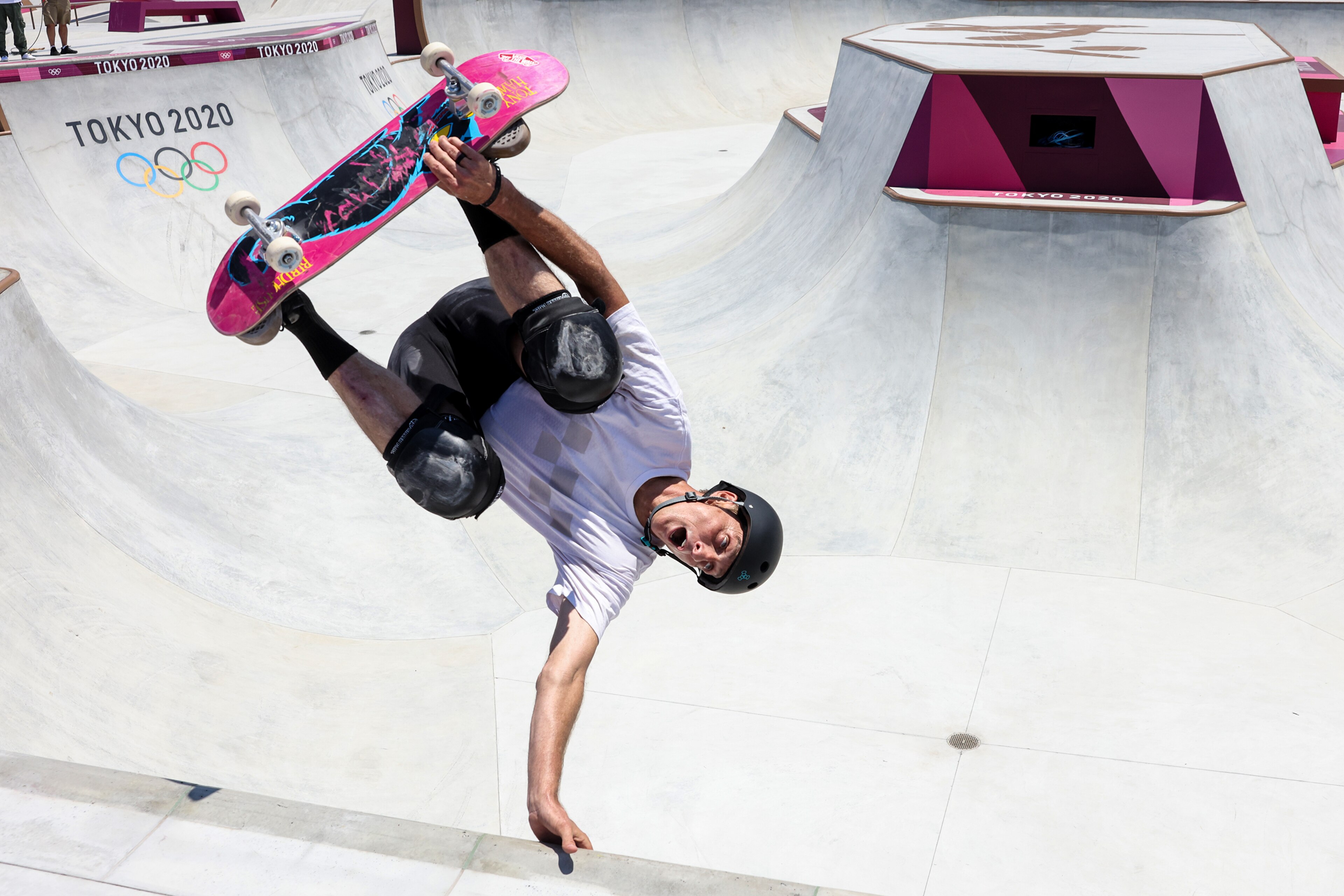 Tokyo, Japan, Friday, July 23, 2021 - Scenes from the Ariake Urban Sports Park where Olympic skateboarders practice before competition starts in a few days.  Skating legend Tony Hawk was skating, as well, doing a photo shoot to promote the new Olympic sport.  (Robert Gauthier/Los Angeles Times via Getty Images)