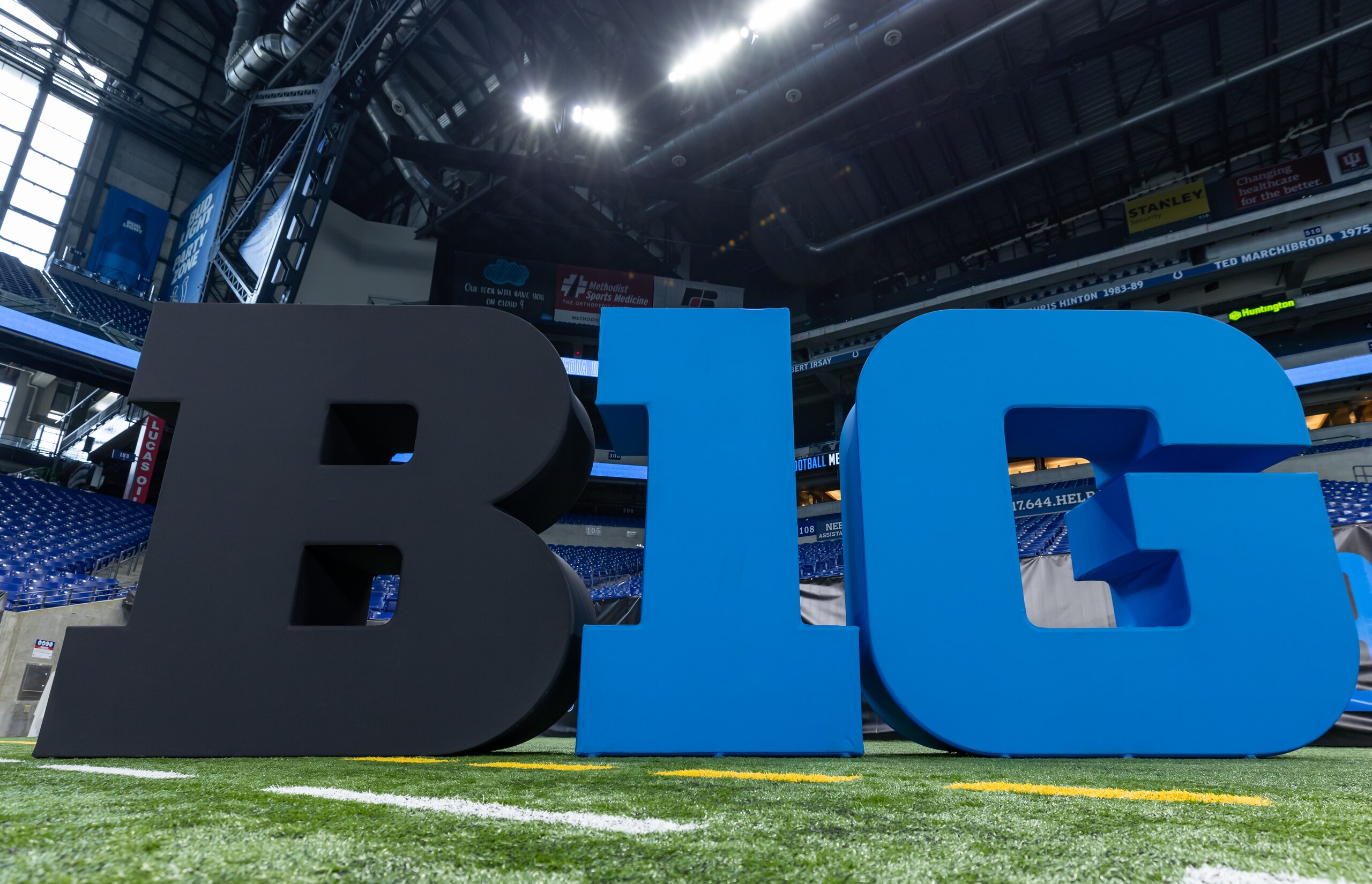INDIANAPOLIS, IN - JULY 22: The Big Ten Conference logo is seen on the field during the Big Ten Football Media Days at Lucas Oil Stadium on July 22, 2021 in Indianapolis, Indiana. (Photo by Michael Hickey/Getty Images)