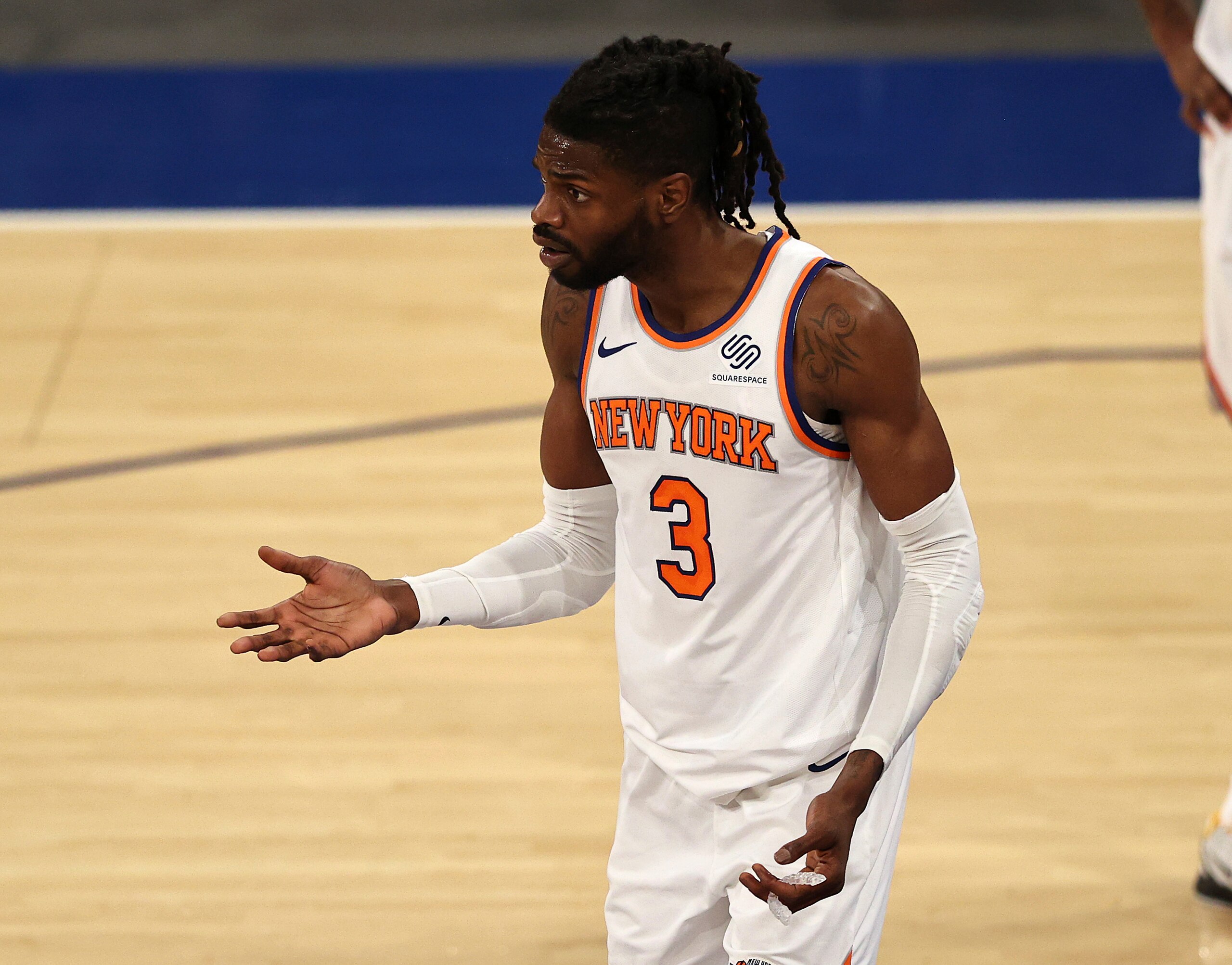 New York Knicks' Nerlens Noel reacts after he was called for a technical foul after an altercation with Charlotte Hornets' Cody Zeller during an NBA basketball game at Madison Square Garden, Saturday, May 15, 2021, in New York. (Elsa/Pool Photo via AP)