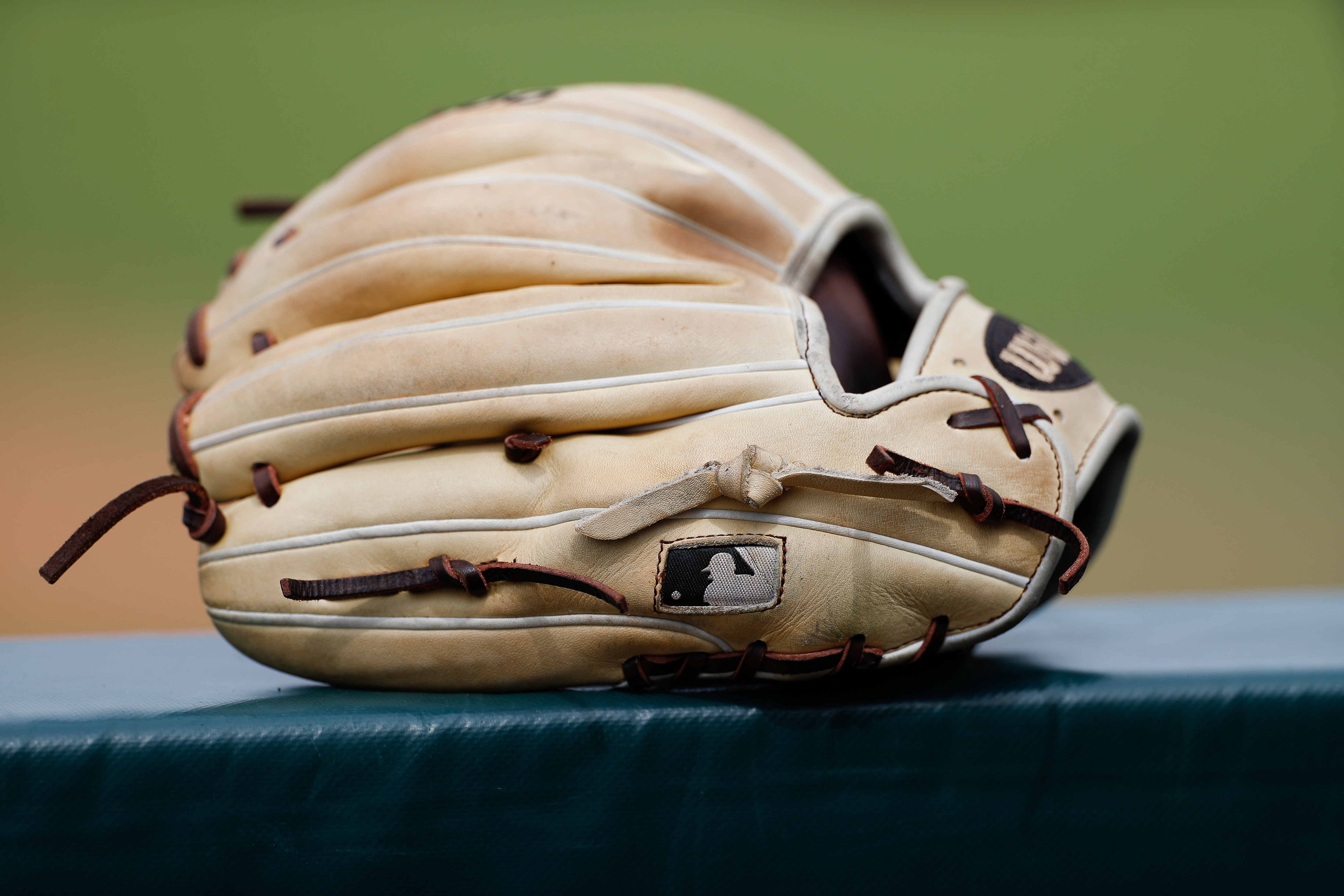 A detail view of a baseball glove with the MLB logo during a Northwestern State University at Houston Baptist University NCAA college baseball game, Saturday, March 30, 2019, in Houston. (AP Photo/Aaron M. Sprecher)