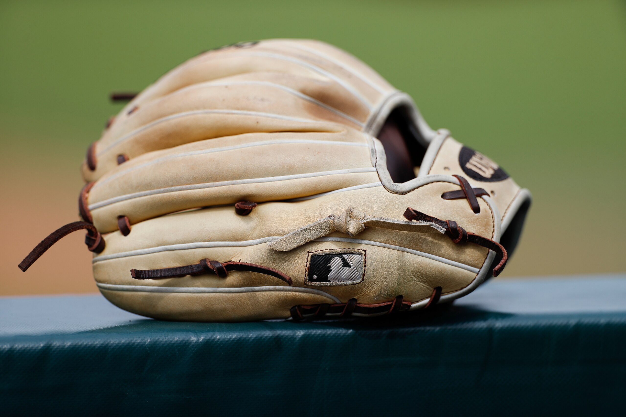 A detail view of a baseball glove with the MLB logo during a Northwestern State University at Houston Baptist University NCAA college baseball game, Saturday, March 30, 2019, in Houston. (AP Photo/Aaron M. Sprecher)