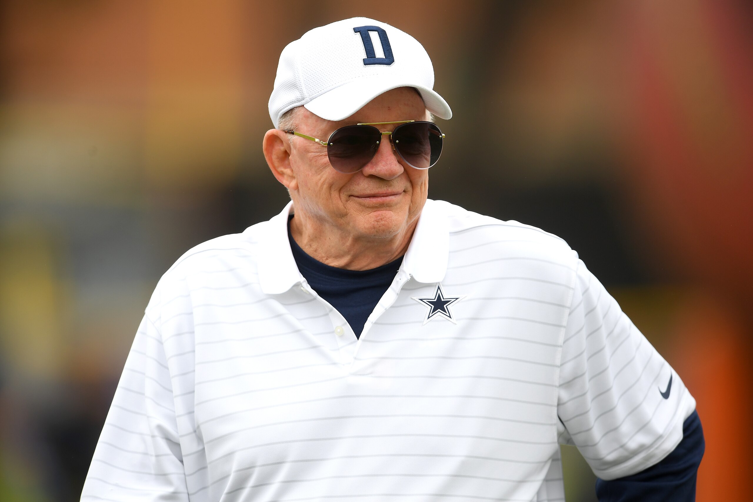 OXNARD, CA - JULY 24: Owner Jerry Jones of the Dallas Cowboys attends training camp at River Ridge Complex on July 24, 2021 in Oxnard, California. (Photo by Jayne Kamin-Oncea/Getty Images)