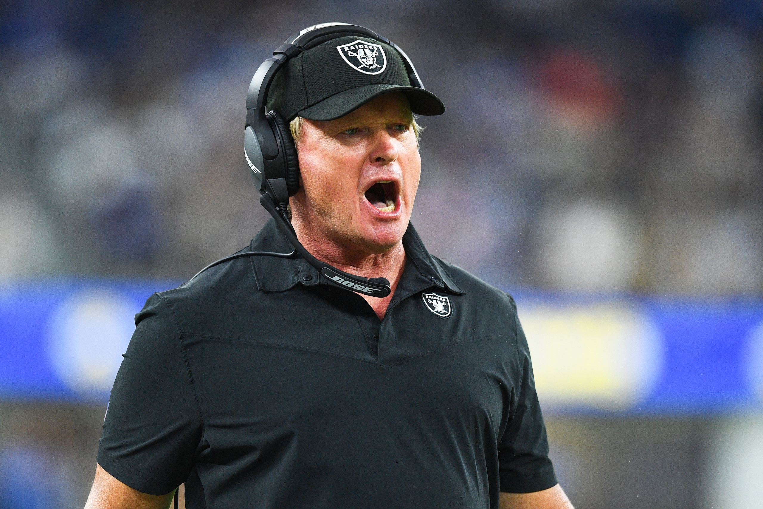 INGLEWOOD, CA - AUGUST 21: Las Vegas Raiders head coach Jon Gruden yells during the NFL preseason game between the Las Vegas Raiders and the Los Angeles Rams on August 21, 2021, at SoFi Stadium in Inglewood, CA. (Photo by Brian Rothmuller/Icon Sportswire via Getty Images)