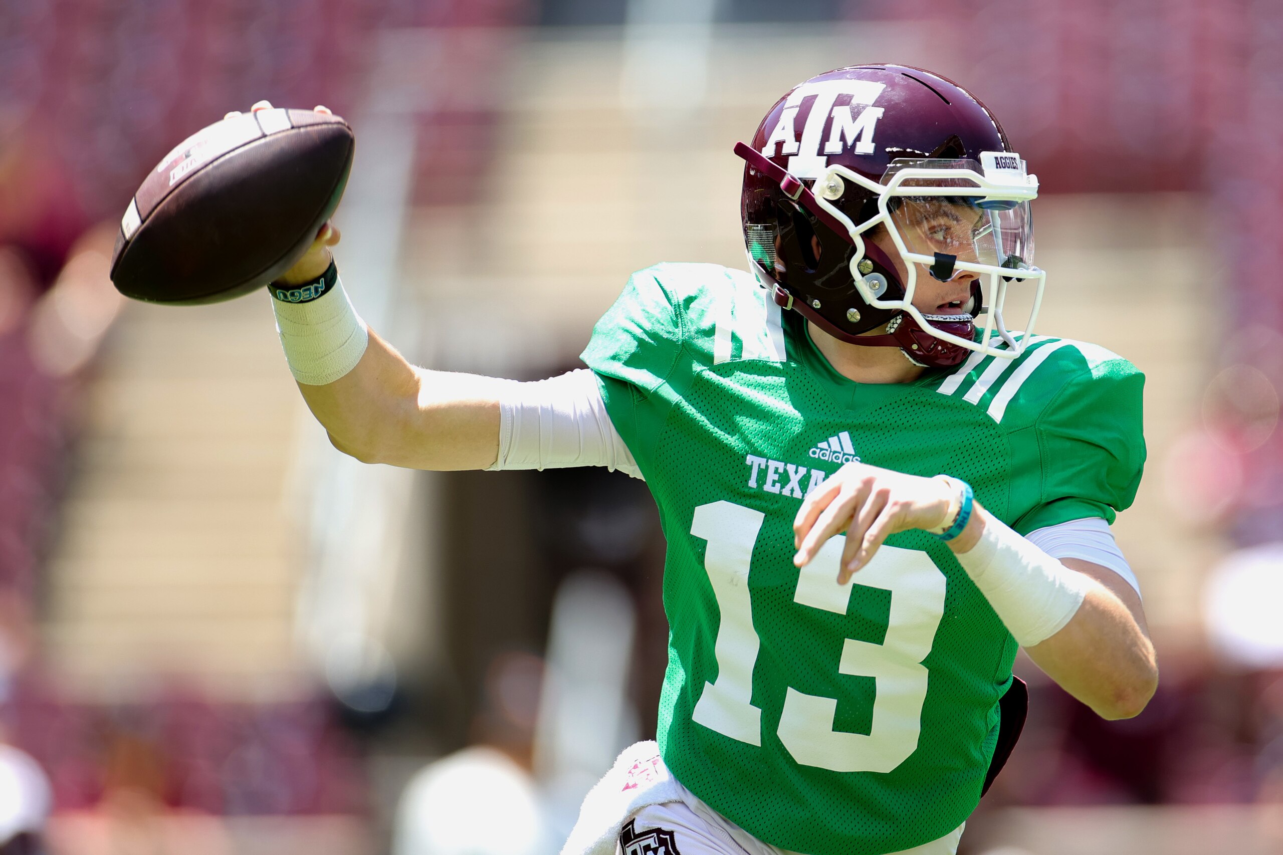 COLLEGE STATION, TEXAS - APRIL 24: Haynes King #13 of the Texas A&M Aggies throws a pass during the first half of the spring game at Kyle Field on April 24, 2021 in College Station, Texas. (Photo by Carmen Mandato/Getty Images) COLLEGE STATION, TEXAS - APRIL 24: Haynes King #13 of the Texas A&M Aggies throws a pass during the first half of the spring game at Kyle Field on April 24, 2021 in College Station, Texas. (Photo by Carmen Mandato/Getty Images)