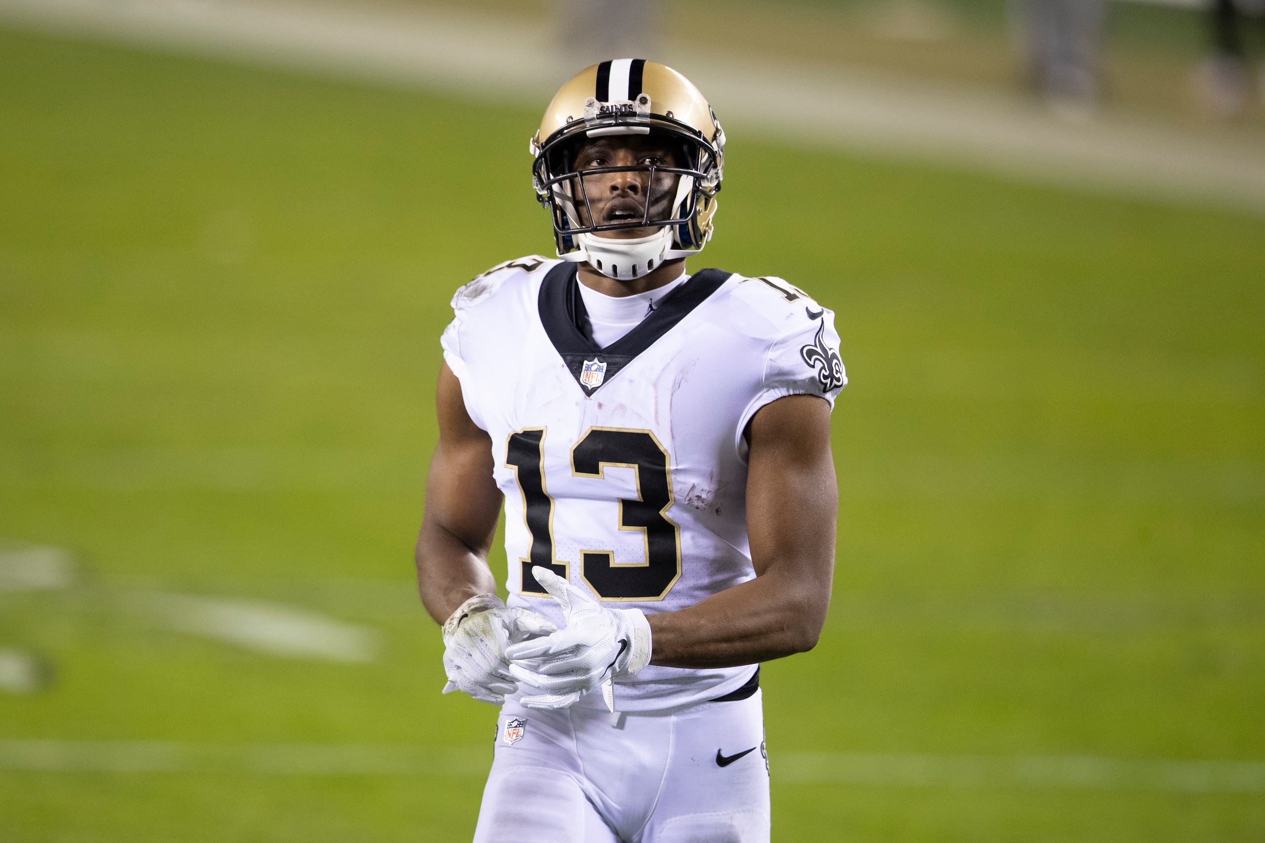 PHILADELPHIA, PA - DECEMBER 13: Michael Thomas #13 of the New Orleans Saints looks on against the Philadelphia Eagles at Lincoln Financial Field on December 13, 2020 in Philadelphia, Pennsylvania. (Photo by Mitchell Leff/Getty Images) PHILADELPHIA, PA - DECEMBER 13: Michael Thomas #13 of the New Orleans Saints looks on against the Philadelphia Eagles at Lincoln Financial Field on December 13, 2020 in Philadelphia, Pennsylvania. (Photo by Mitchell Leff/Getty Images)