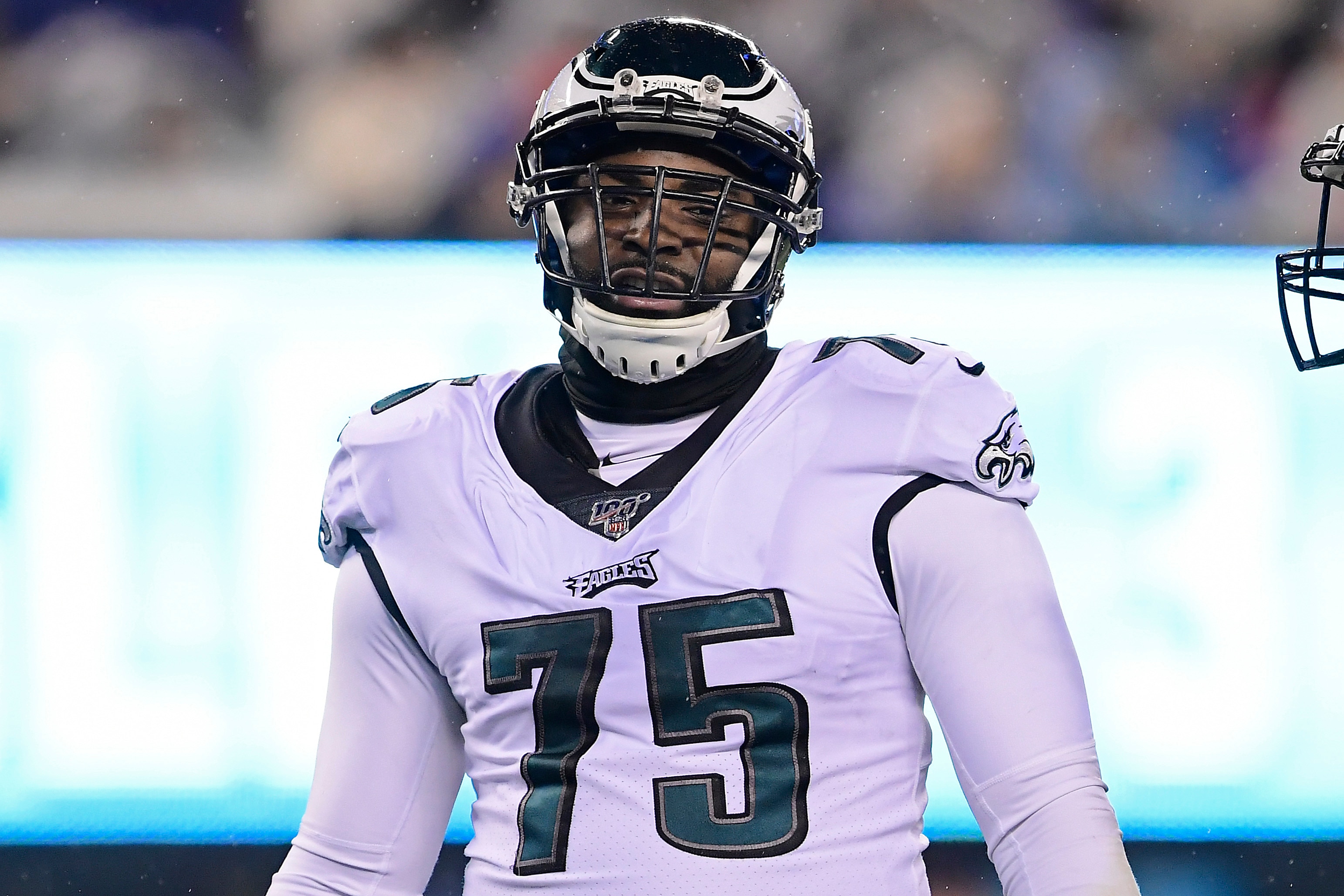 EAST RUTHERFORD, NEW JERSEY - DECEMBER 29:  Vinny Curry #75 of the Philadelphia Eagles looks on against the New York Giants at MetLife Stadium on December 29, 2019 in East Rutherford, New Jersey. (Photo by Steven Ryan/Getty Images)