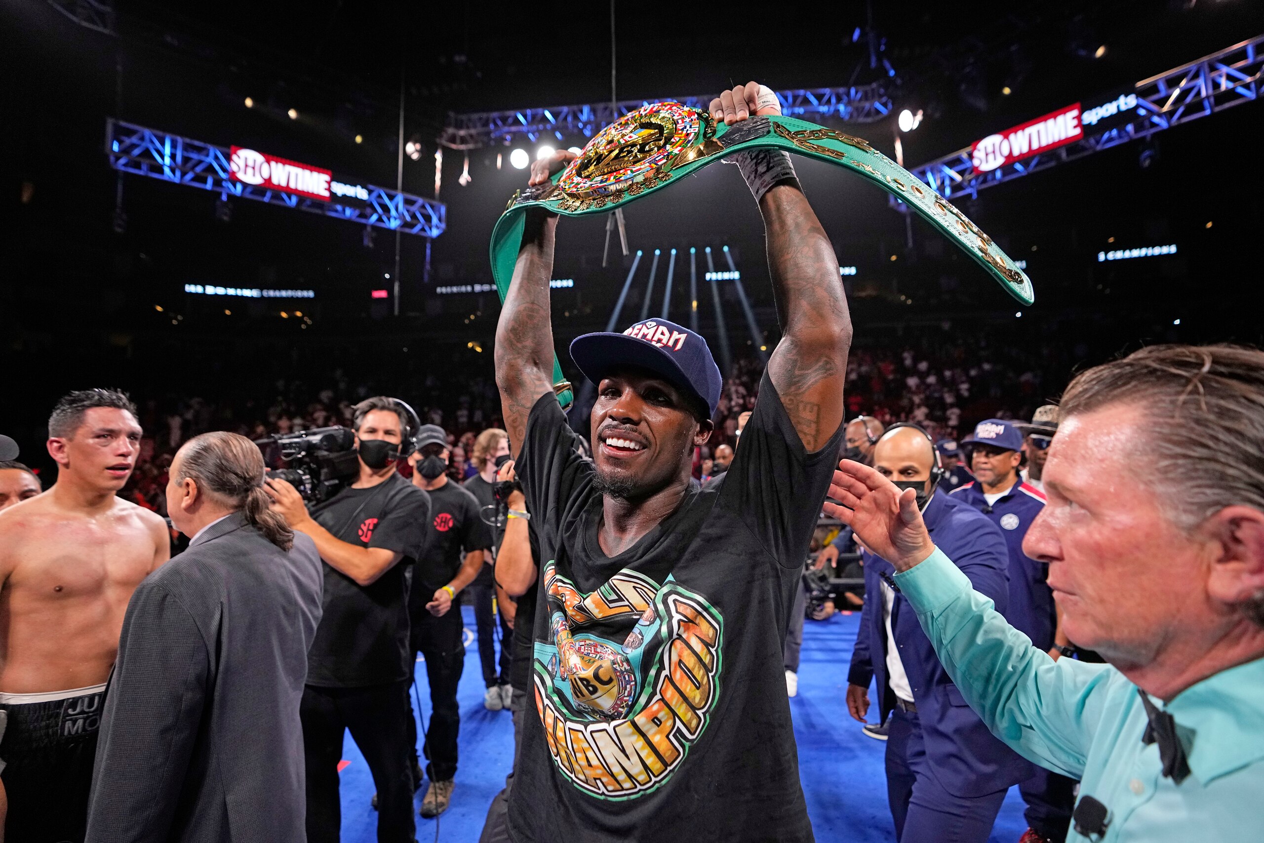 Jermall Charlo celebrates after beating Juan Macias Montiel in a WBC middleweight world championship boxing match Saturday, June 19, 2021, in Houston. (AP Photo/David J. Phillip)