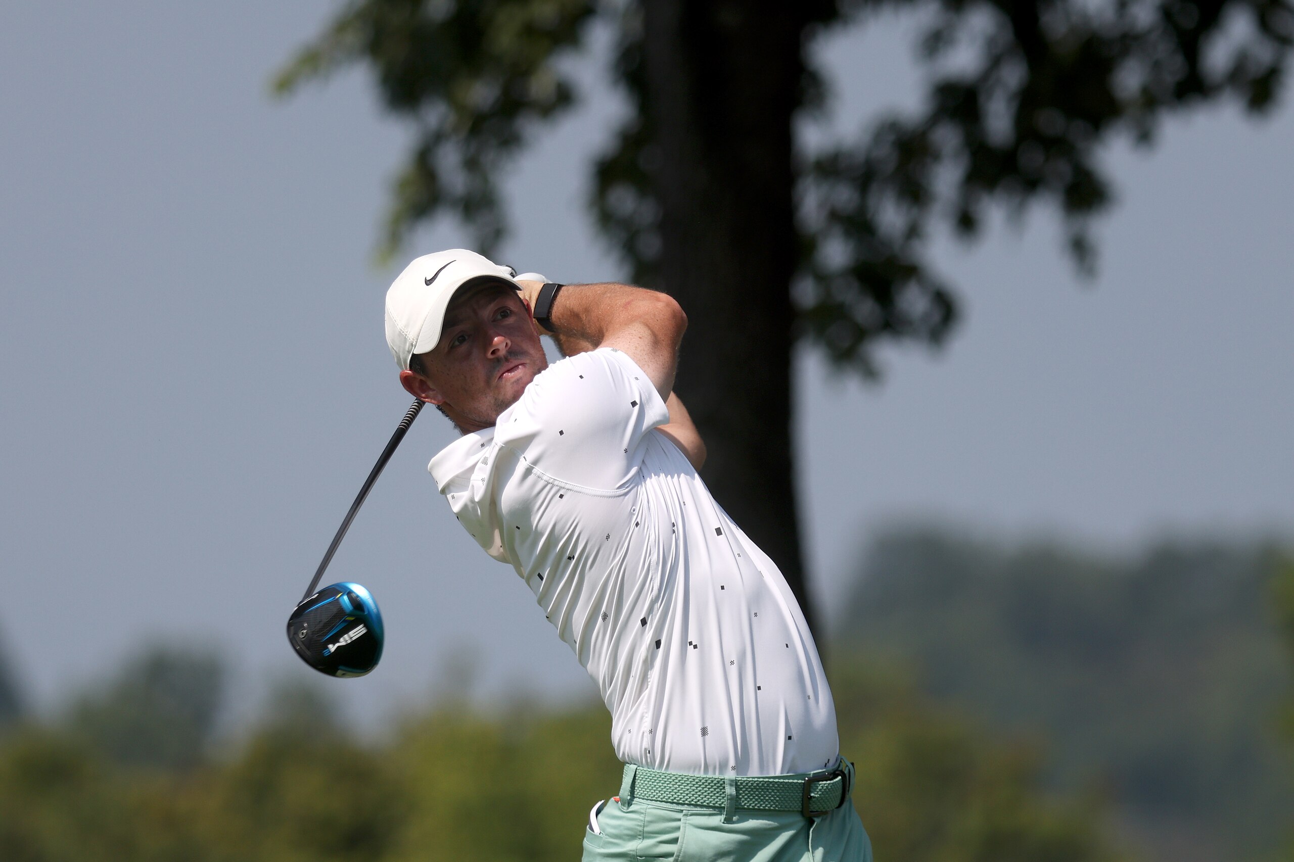 OWINGS MILLS, MARYLAND - AUGUST 25: Rory McIlroy of Northern Ireland tees off during the Gardner Heidrick Pro-Am ahead of the BMW Championship at Caves Valley Golf Course on August 25, 2021 in Owings Mills, Maryland. (Photo by Rob Carr/Getty Images)