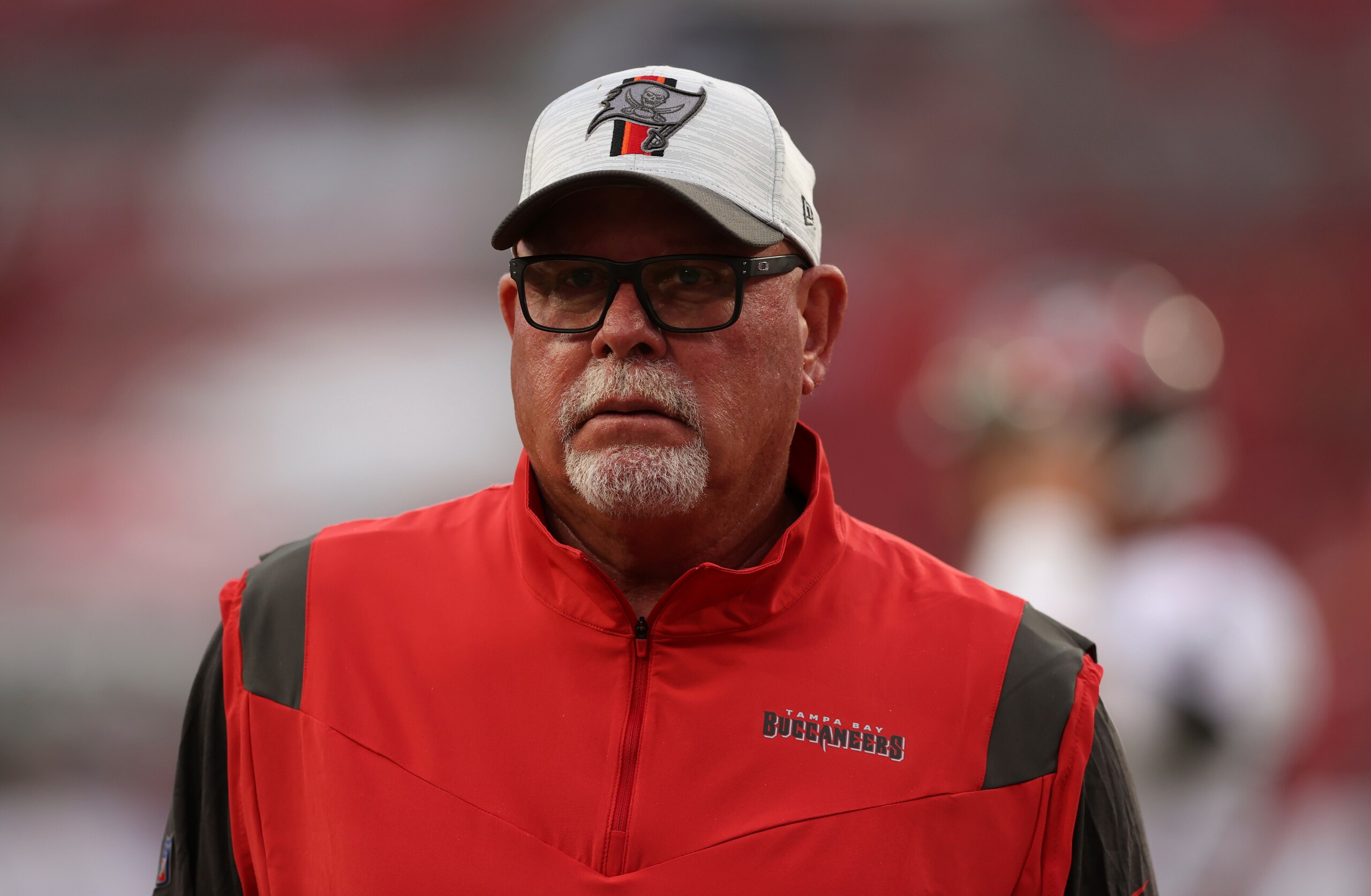 Tampa Bay Buccaneers head coach Bruce Arians before an NFL preseason football game against the Cincinnati Bengals Saturday, Aug. 14, 2021, in Tampa, Fla. (AP Photo/Mark LoMoglio)