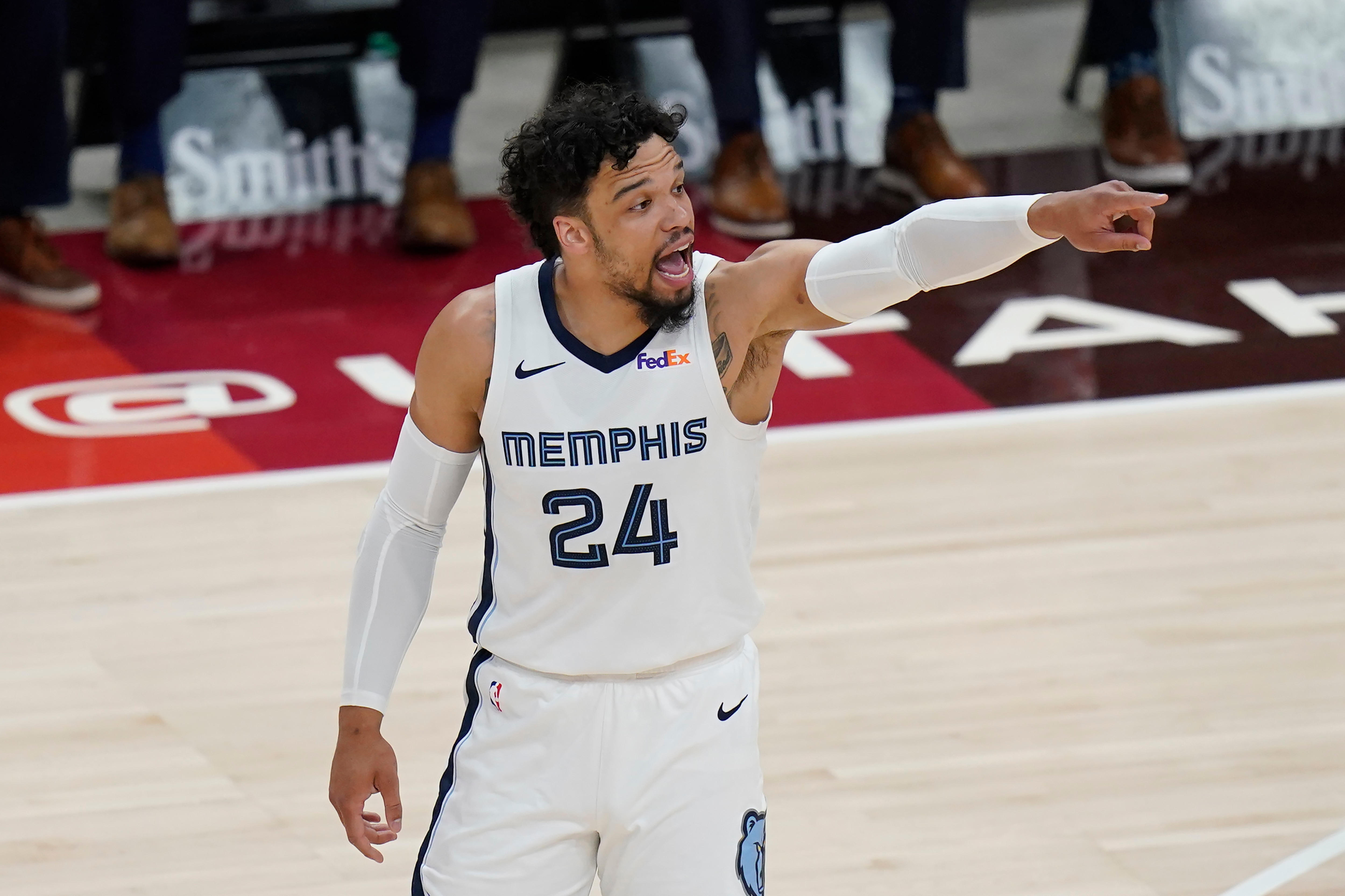 Memphis Grizzlies forward Dillon Brooks (24) gestures to teammates during the first half of Game 5 of their NBA basketball first-round playoff series against the Utah Jazz on Wednesday, June 2, 2021, in Salt Lake City. (AP Photo/Rick Bowmer)