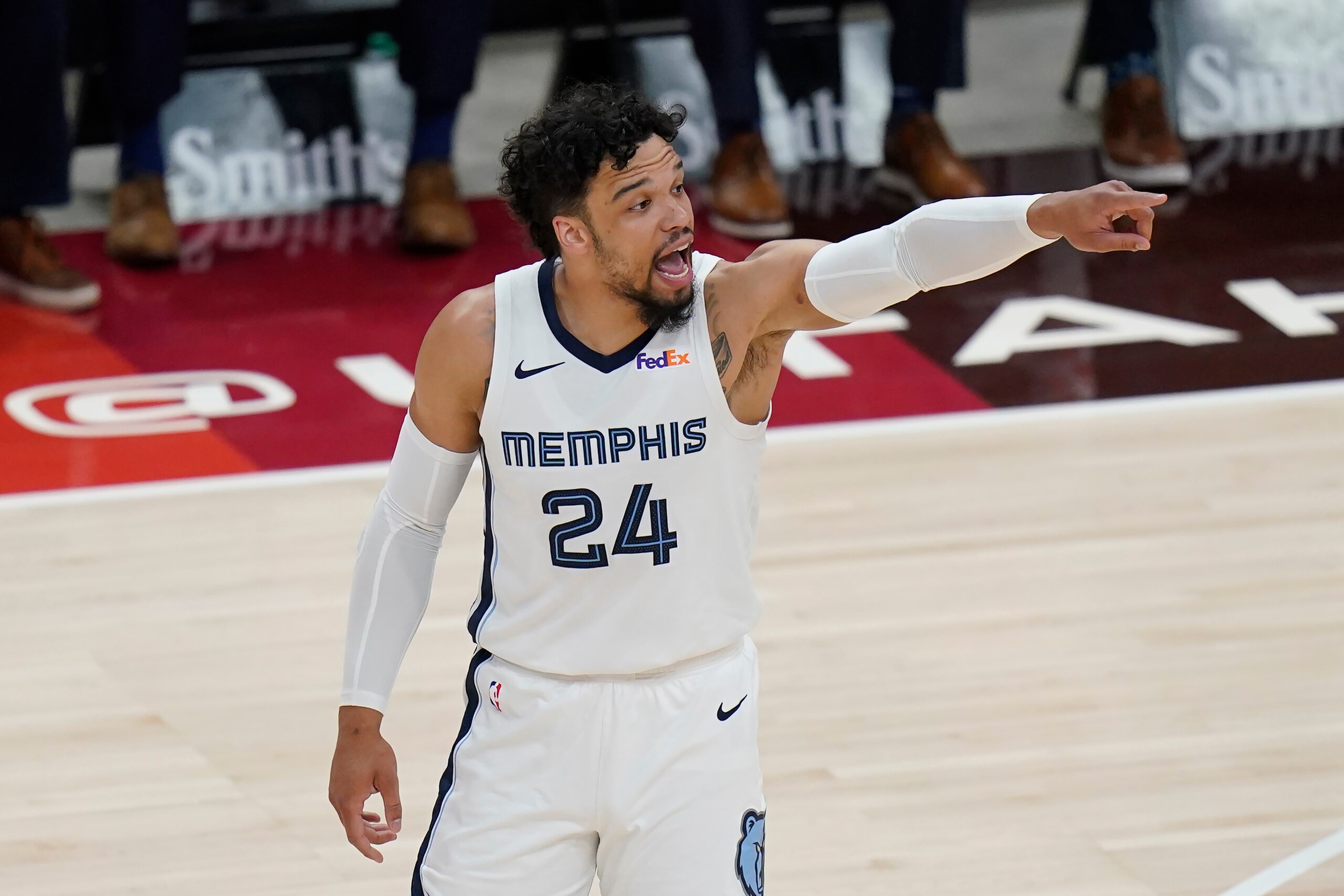 Memphis Grizzlies forward Dillon Brooks (24) gestures to teammates during the first half of Game 5 of their NBA basketball first-round playoff series against the Utah Jazz on Wednesday, June 2, 2021, in Salt Lake City. (AP Photo/Rick Bowmer)