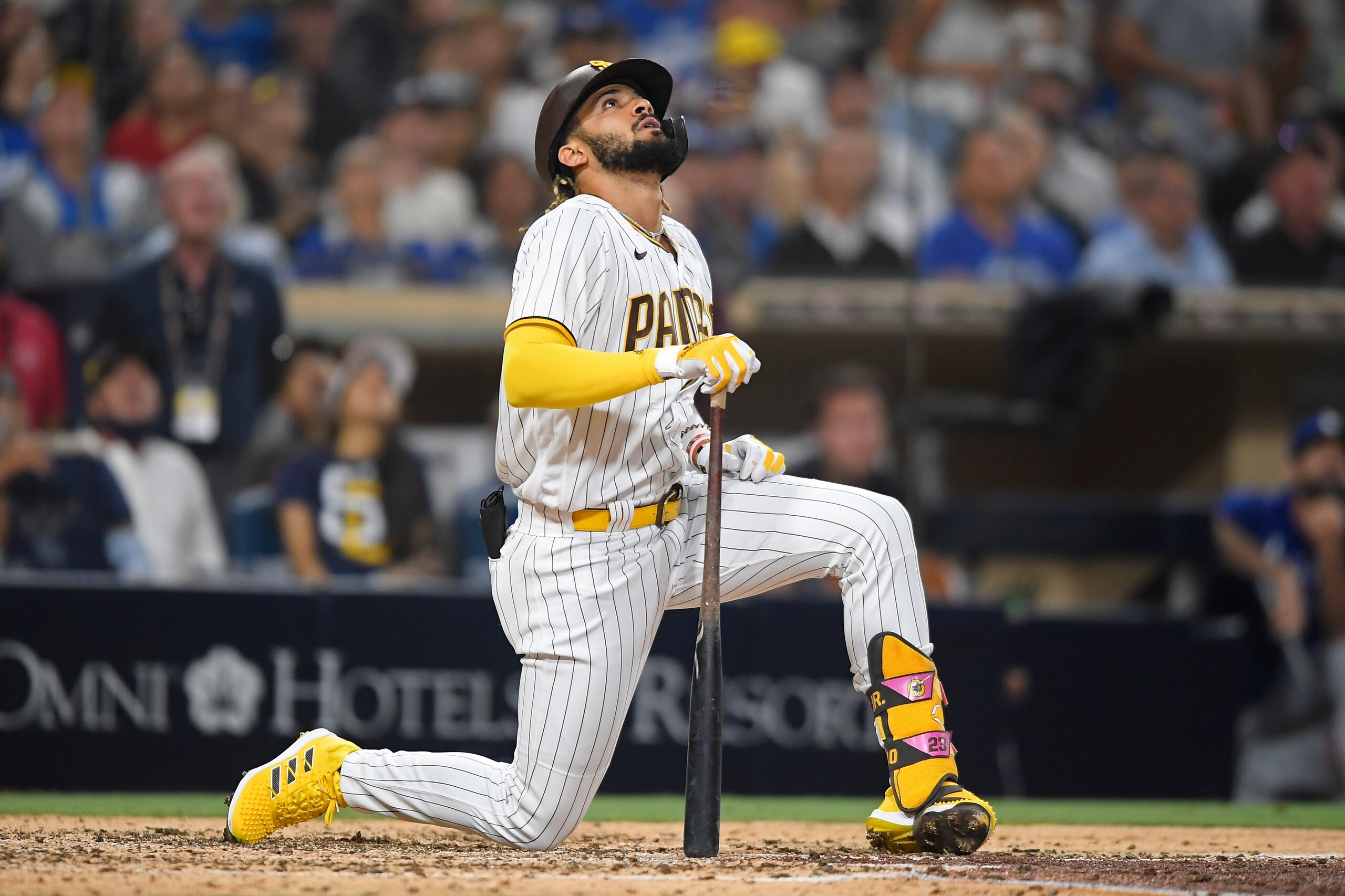 SAN DIEGO, CA - AUGUST 24: Fernando Tatis Jr. #23 of the San Diego Padres looks up after hitting a fly ball during the sixth inning of a baseball game against the Los Angeles Dodgers at Petco Park on August 24, 2021 in San Diego, California.  (Photo by Denis Poroy/Getty Images)