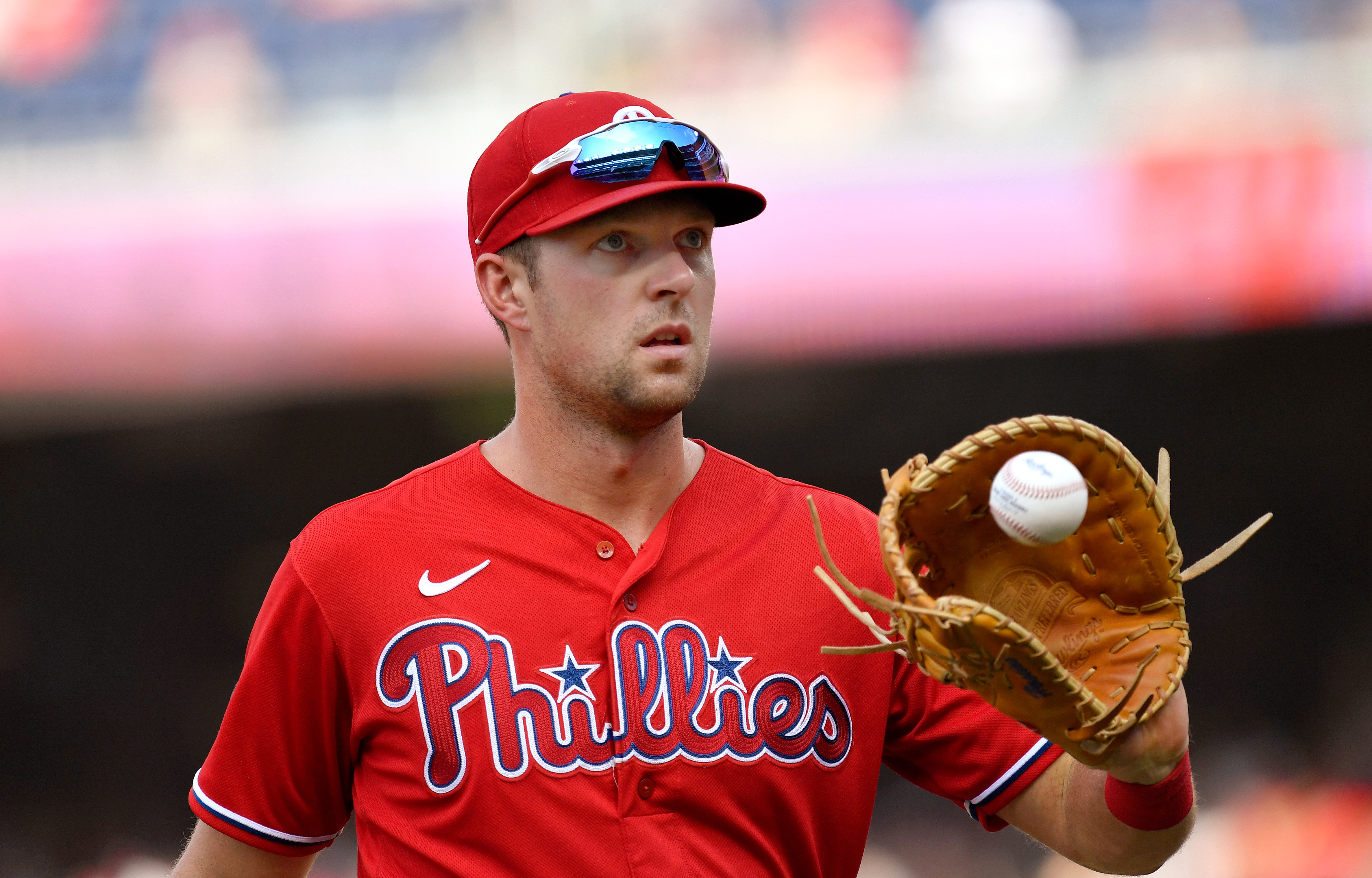 WASHINGTON, DC - AUGUST 05: Philadelphia Phillies first baseman Rhys Hoskins (17) walks off the field during the Philadelphia Phillies versus Washington Nationals MLB game at Nationals Park on August 5, 2021 in Washington, D.C.. (Photo by Randy Litzinger/Icon Sportswire via Getty Images)