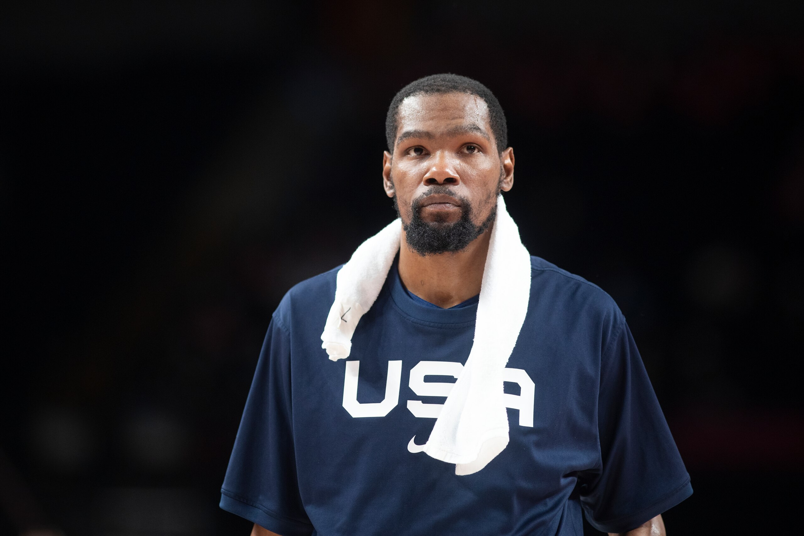 TOKYO, JAPAN August 7:  Kevin Durant #7 of the United States during the France V USA basketball final for men at the Saitama Super Arena during the Tokyo 2020 Summer Olympic Games on August 7, 2021 in Tokyo, Japan. (Photo by Tim Clayton/Corbis via Getty Images)