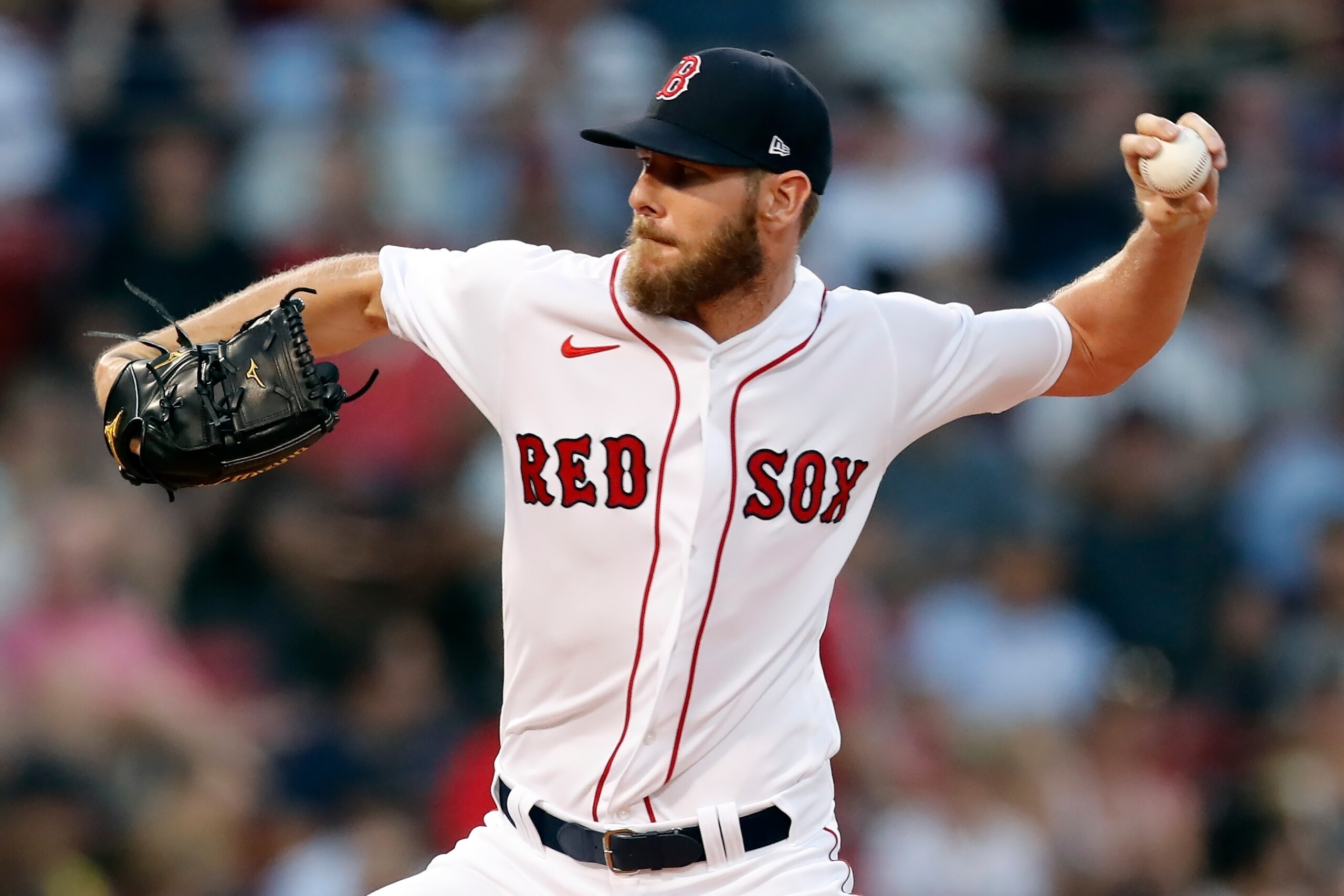 Boston Red Sox's Chris Sale pitches against the Minnesota Twins during the first inning of a baseball game, Thursday, Aug. 26, 2021, in Boston. (AP Photo/Michael Dwyer)